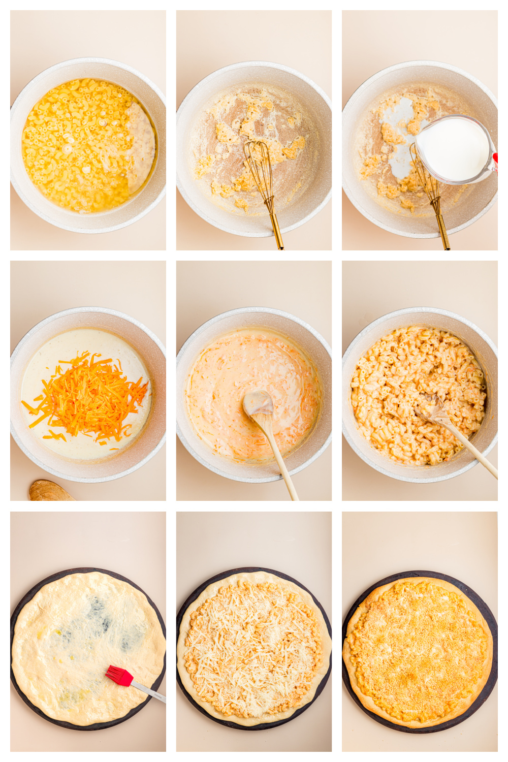 Step-by-step collage showing how to make mac and cheese pizza, from preparing the cheese sauce to assembling and baking the pizza.
