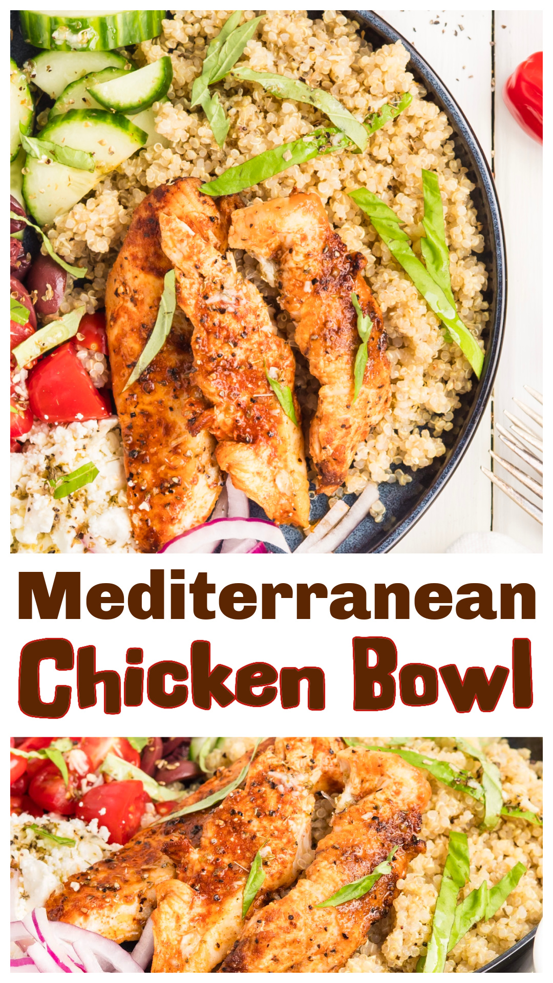 Turn leftover grilled chicken into a fresh Mediterranean chicken bowl that's filling enough for lunch or dinner. Cooked quinoa, cherry tomatoes, cucumber, Kalamata olives, feta, red onion, and fresh basil are tossed with a homemade lemon vinaigrette for a meal that's easy to pull together. It's one of my favorite ways to give leftover grilled chicken a completely different second life while making the most of ingredients I already have in the refrigerator. via @cmpollak1
