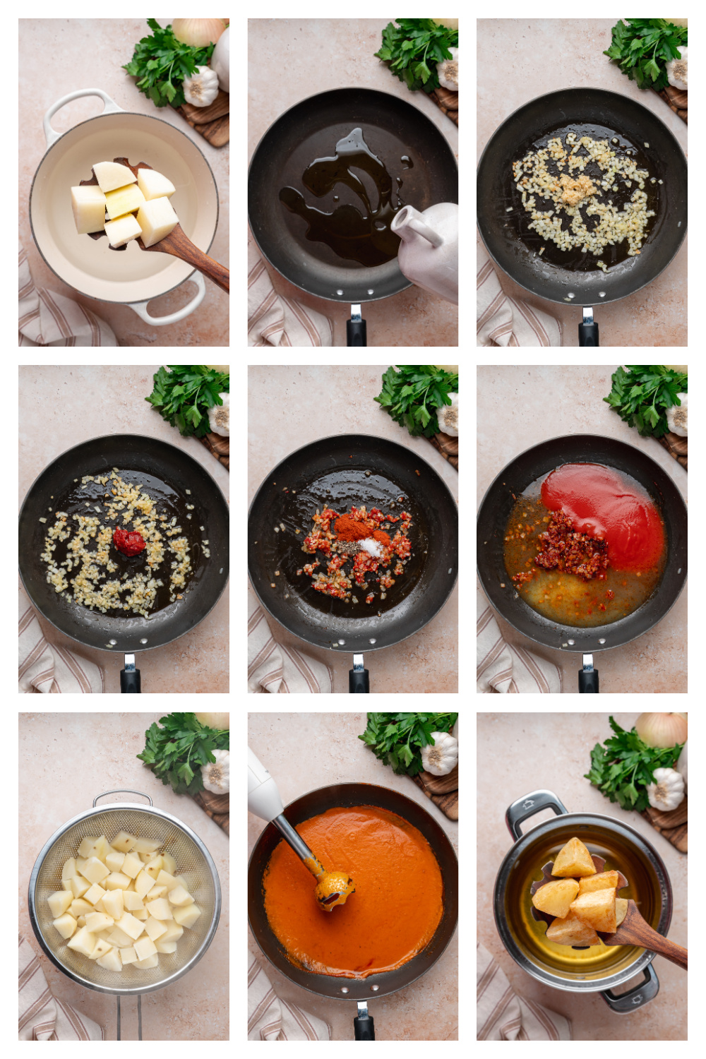 How to Make Patatas Bravas Process collage showing the steps for making patatas bravas, from boiling and frying the potatoes to cooking the bravas sauce and finishing with garlic aioli.