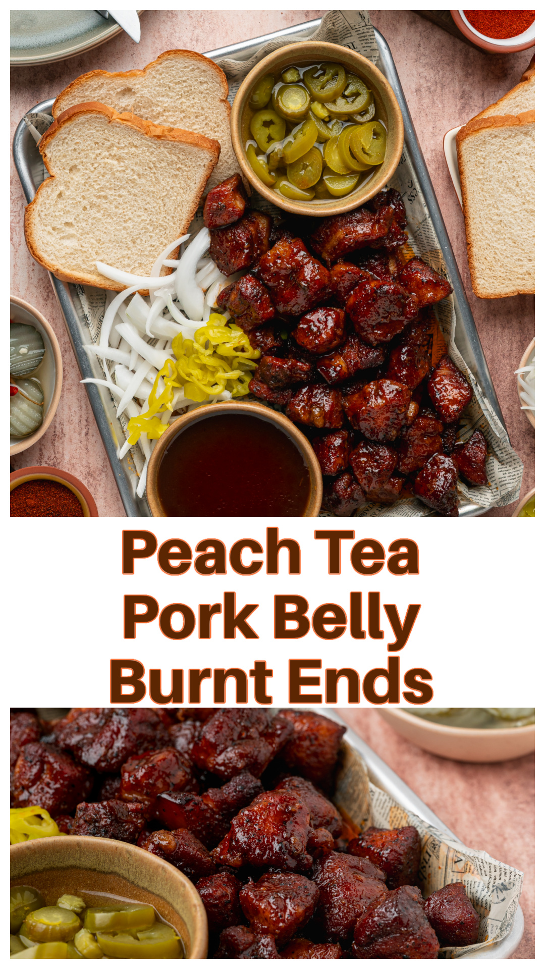 These Peach Tea Pork Belly Burnt Ends are proof you don't need a smoker to make tender, caramelized burnt ends at home. Pork belly is baked until fork tender, then coated in a sticky peach tea glaze made with reduced peach tea, peach preserves, barbecue sauce, and brown sugar before returning to the oven until beautifully glazed. Perfect for parties, game day, sandwiches, or serving with pickles, onions, and white bread. via @cmpollak1
