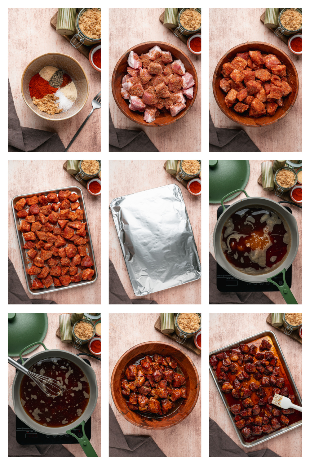 Step-by-step collage showing how to make Peach Tea Pork Belly Burnt Ends, from seasoning the pork belly to glazing and caramelizing in the oven.