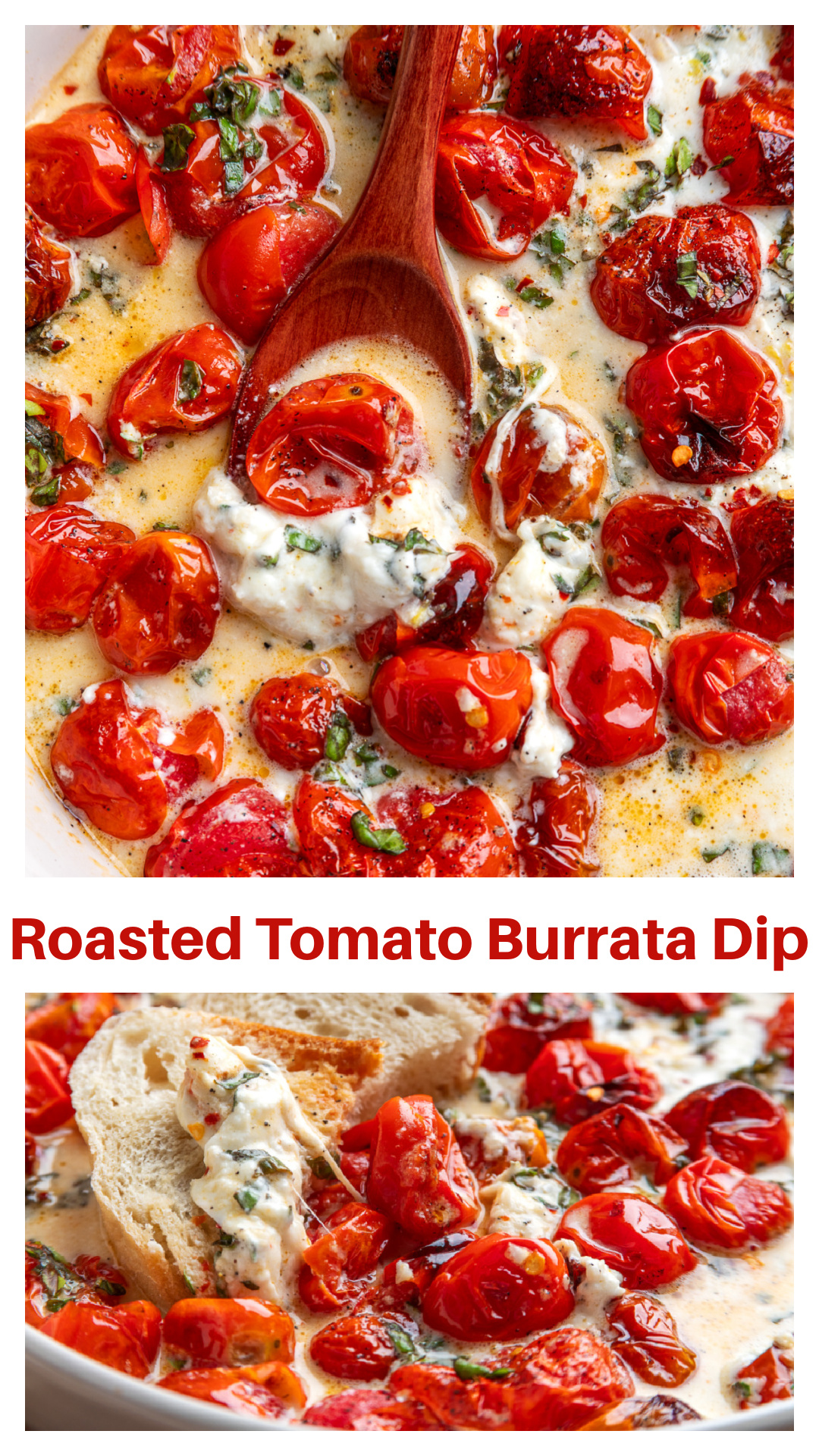 Roasted Tomato Burrata Dip is one of my favorite ways to use summer tomatoes. Roasting the grape tomatoes first brings out their sweetness, and all those juices mix with creamy burrata, fresh garlic, thyme, basil, lemon, and a little heat from red pepper flakes. Serve it warm with toasted baguette slices, crackers, or crusty bread for an easy appetizer that's always the first thing to disappear at parties, cookouts, and summer gatherings. via @cmpollak1