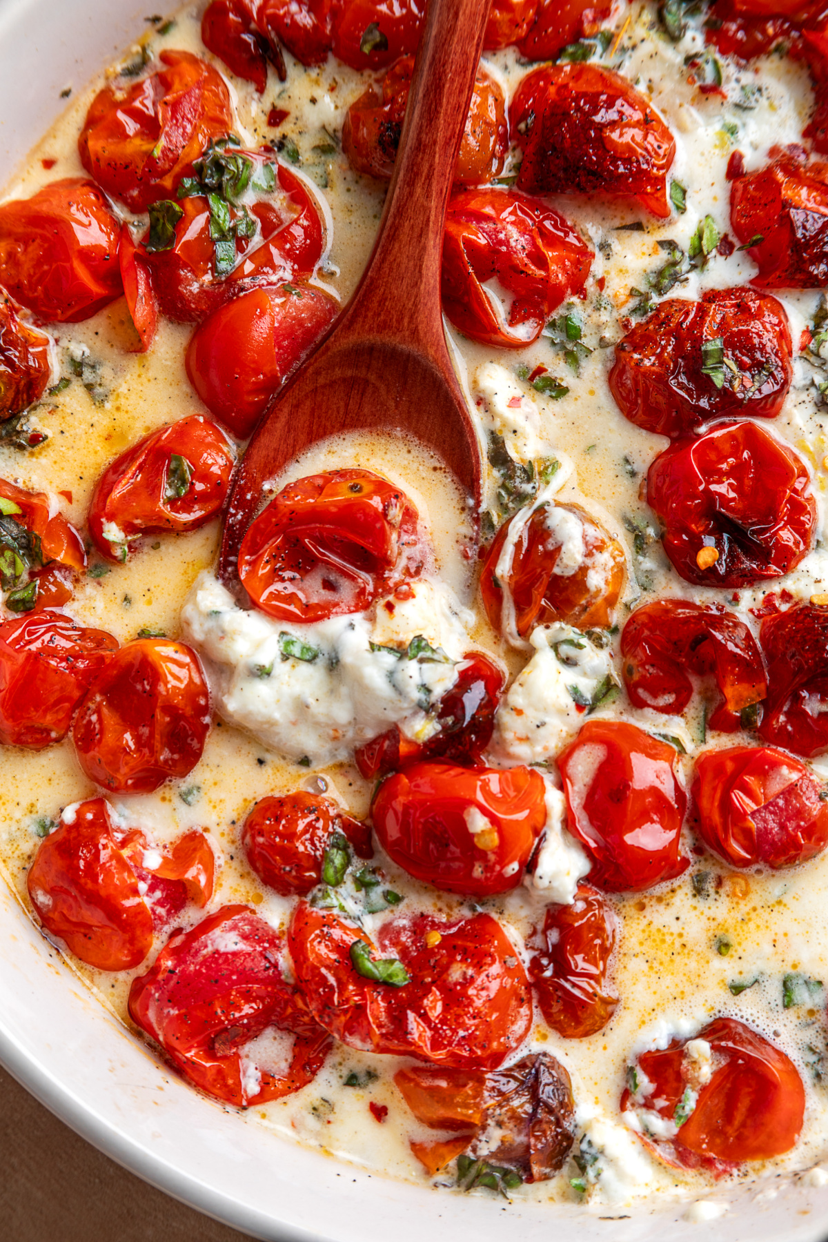 Roasted Tomato Burrata Dip made with roasted grape tomatoes and creamy burrata. Roasted Tomato Burrata Dip with blistered grape tomatoes, creamy burrata, fresh basil, garlic, thyme, and lemon.
