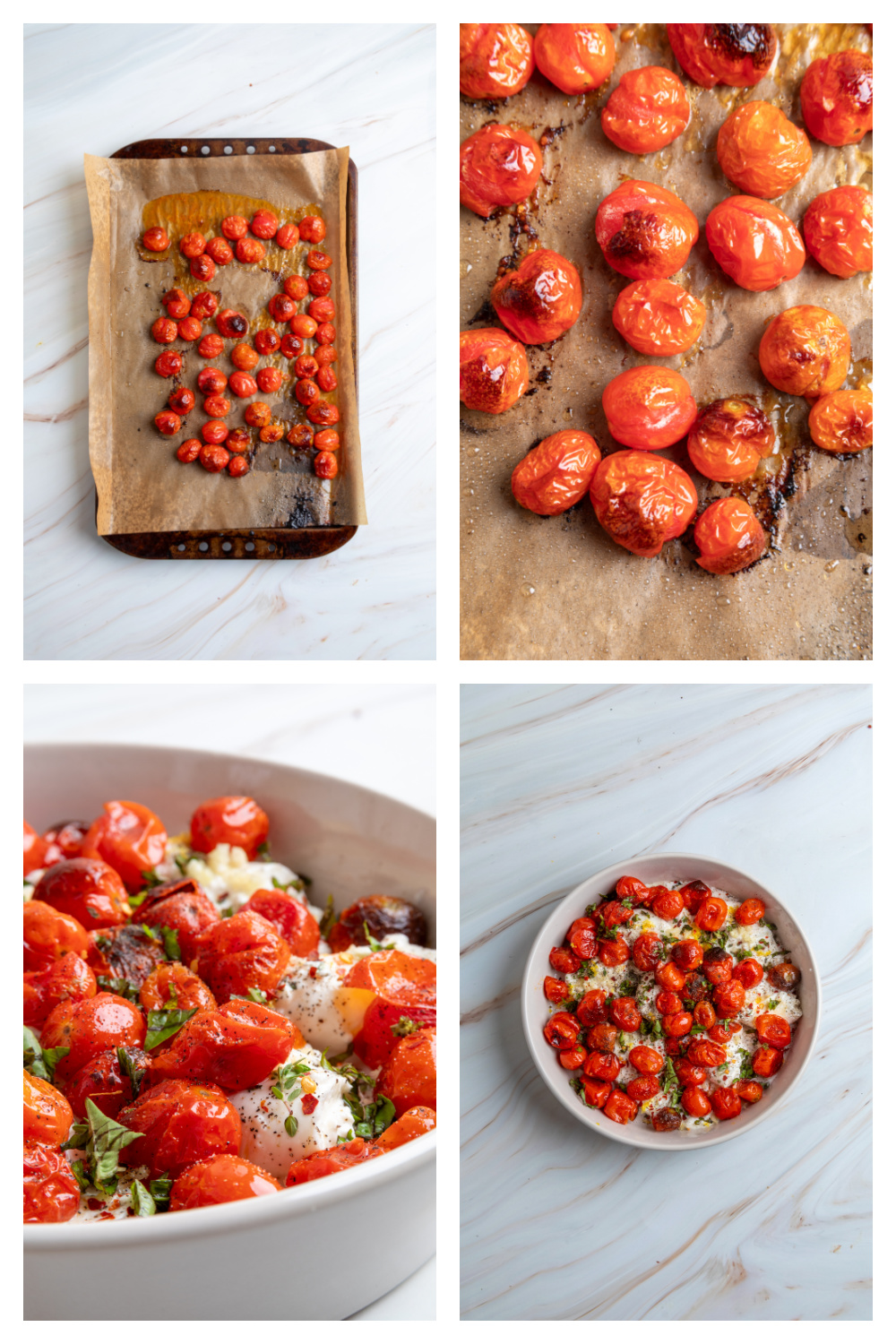 Step-by-step process for making Roasted Tomato Burrata Dip. Process collage showing how to make Roasted Tomato Burrata Dip from roasting the tomatoes to assembling and baking the dip.
