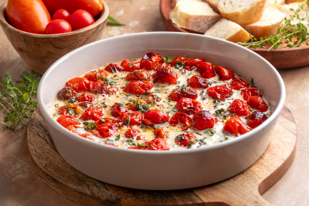 Roasted Tomato Burrata Dip served warm with toasted baguette slices. Roasted Tomato Burrata Dip in a round baking dish with roasted grape tomatoes, fresh basil, and toasted baguette slices for serving.