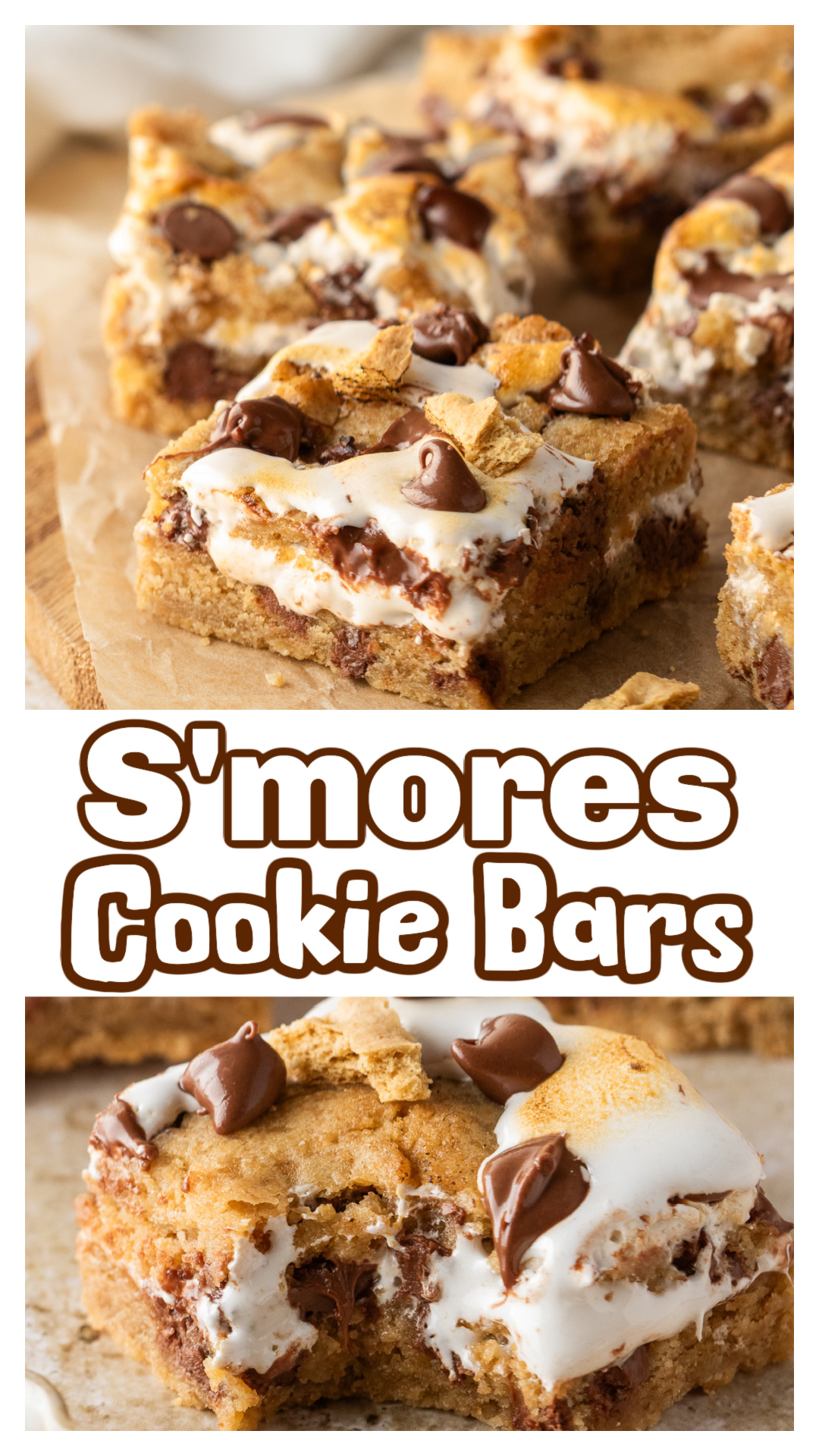 These s'mores cookie bars bake graham cracker flavor right into a soft cookie dough instead of making a separate crust. A thick layer of marshmallow creme and milk chocolate creates a gooey center, while pieces of cookie dough on top leave openings for toasted marshmallow to peek through. They're chewy, easy to slice, and everything you love about a classic s'more in an easy dessert bar that's perfect for summer parties, potlucks, bake sales, and backyard gatherings. via @cmpollak1