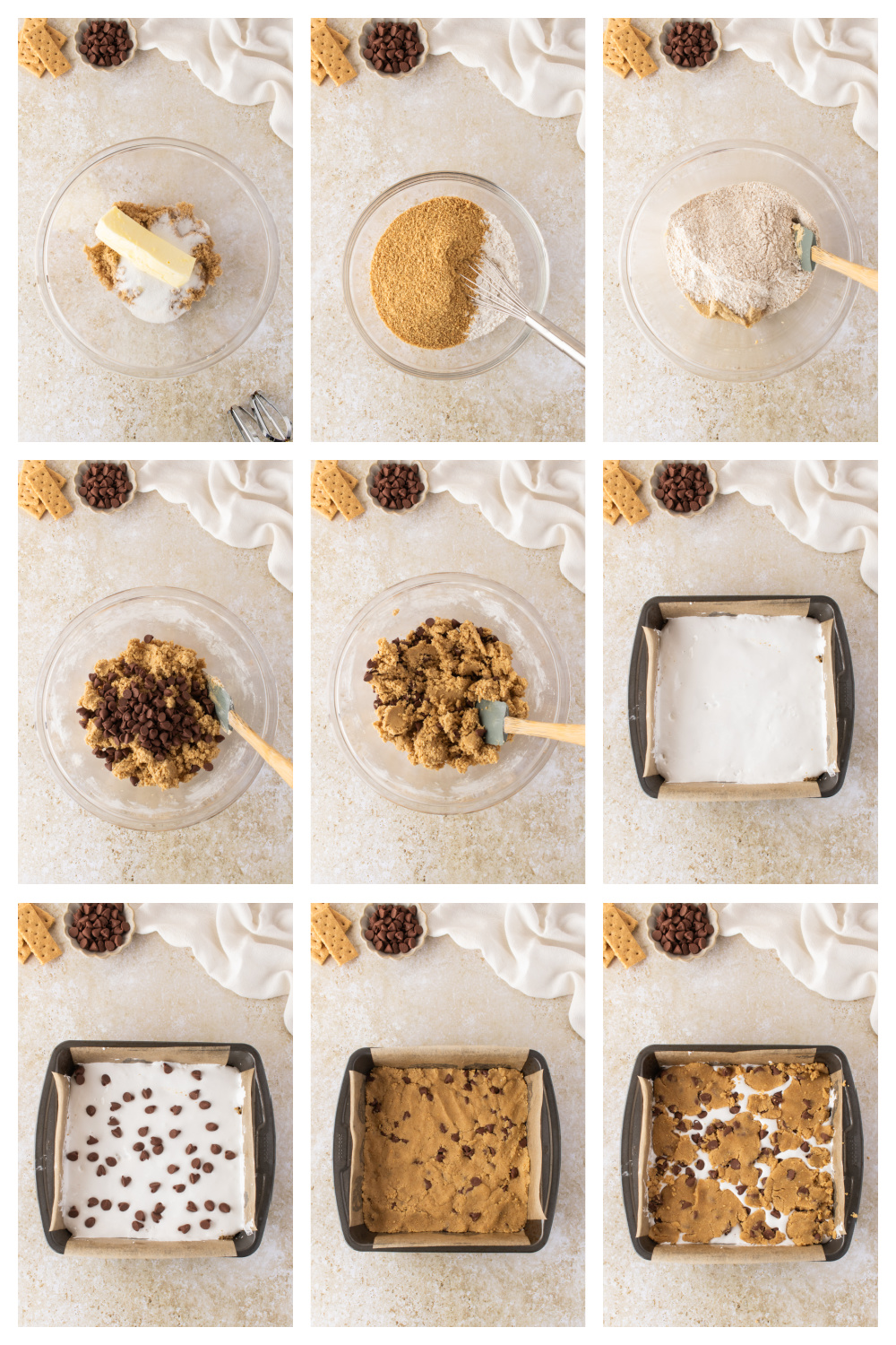 Process collage showing how to make s'mores cookie bars from mixing the graham cookie dough to layering the marshmallow creme and baking.