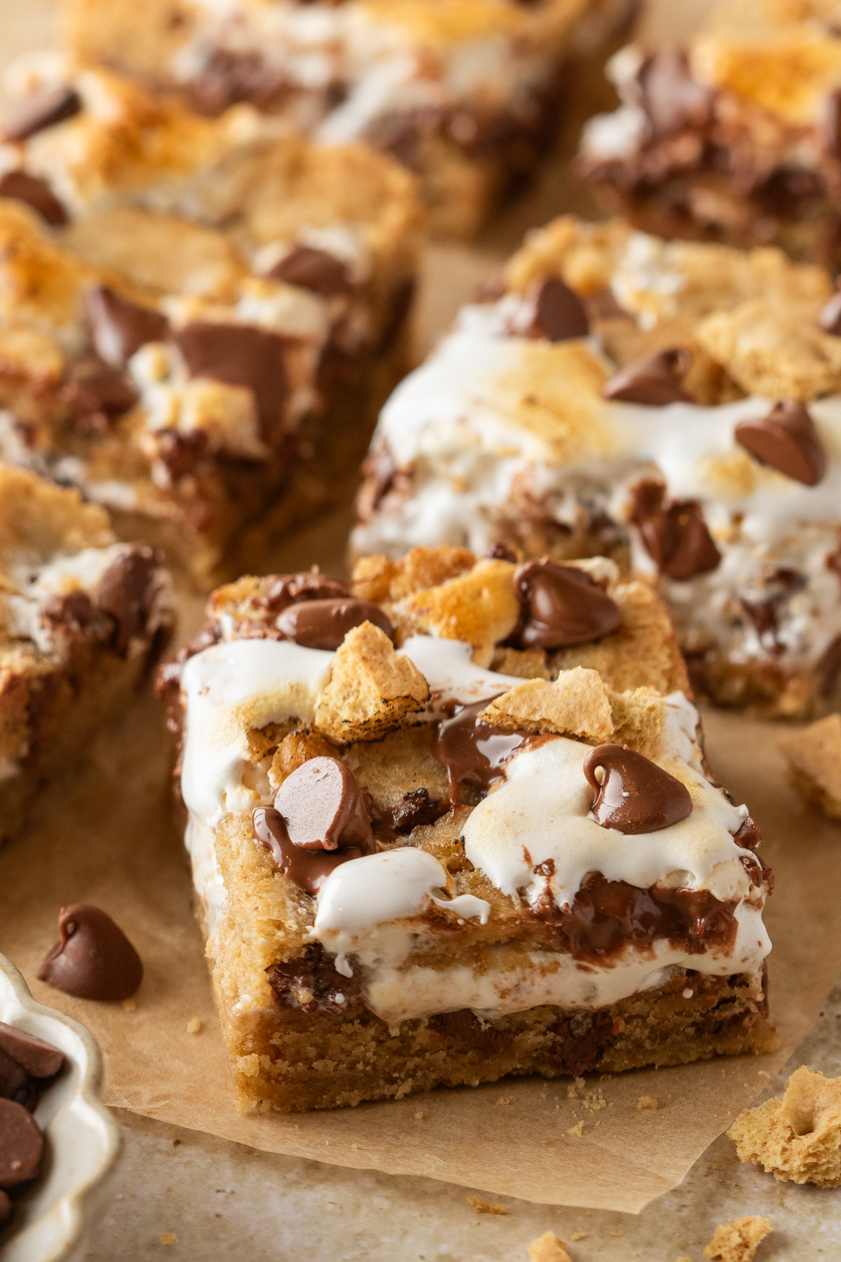 Soft graham cookie s'mores bars with toasted marshmallow creme and melty milk chocolate.