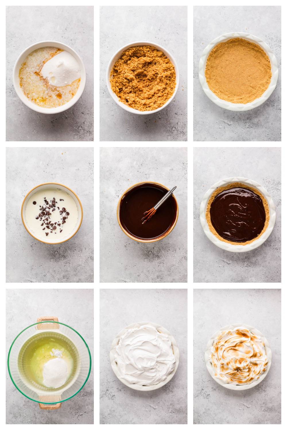 Process collage showing how to make the graham cracker crust, chocolate ganache, homemade marshmallow topping, and assembled pie.