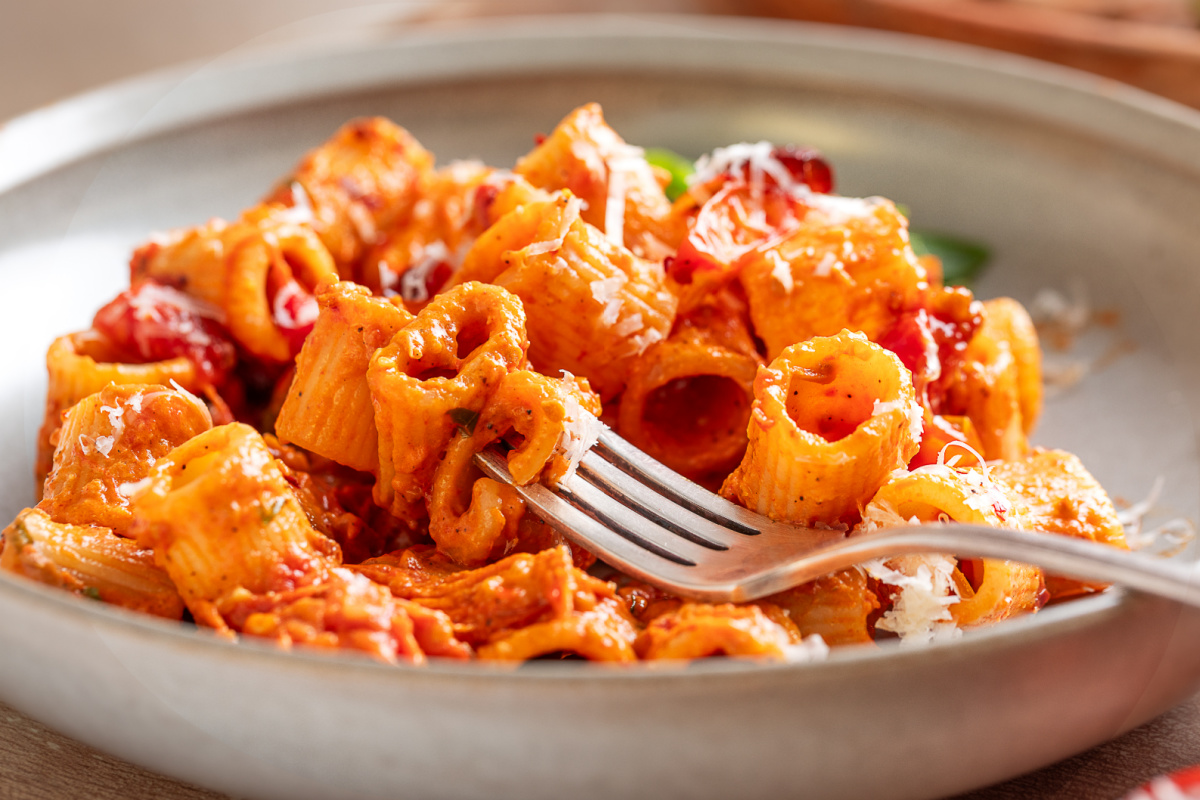 A forkful of spicy roasted tomato vodka pasta with roasted grape tomatoes and Parmesan. Spicy roasted tomato vodka pasta with mezzi rigatoni, roasted grape tomatoes, and freshly grated Parmesan on a fork.