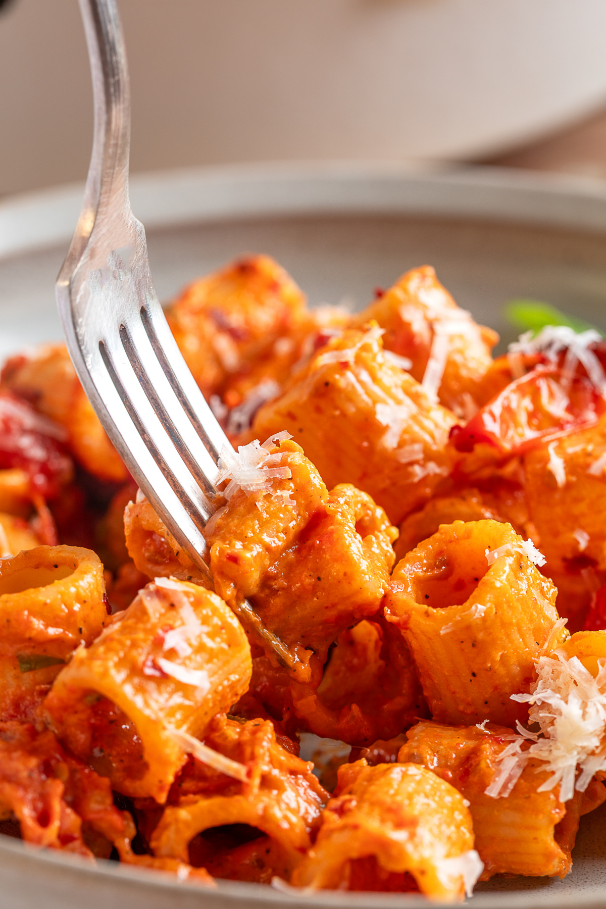 A forkful of spicy roasted tomato vodka pasta with roasted grape tomatoes and Parmesan. A fork lifting spicy roasted tomato vodka pasta with roasted grape tomatoes and freshly grated Parmesan cheese.
