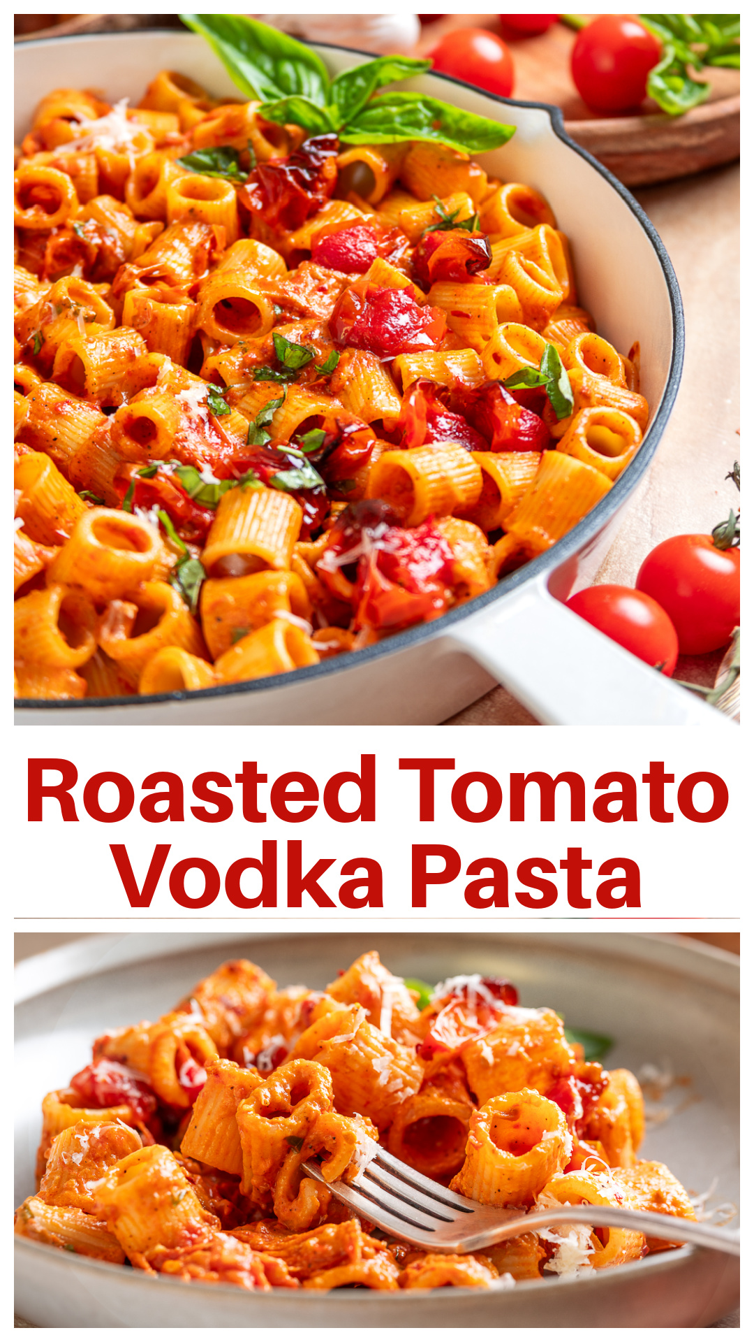 Roasted grape tomatoes are the secret to this spicy roasted tomato vodka pasta. Instead of canned tomatoes, fresh summer tomatoes are roasted until sweet and jammy before being folded into a creamy vodka sauce with Parmesan, garlic, shallots, and basil. Every bite has little pieces of roasted tomato tucked throughout the pasta, making this an easy summer dinner you'll want to make while tomatoes are at their best. via @cmpollak1