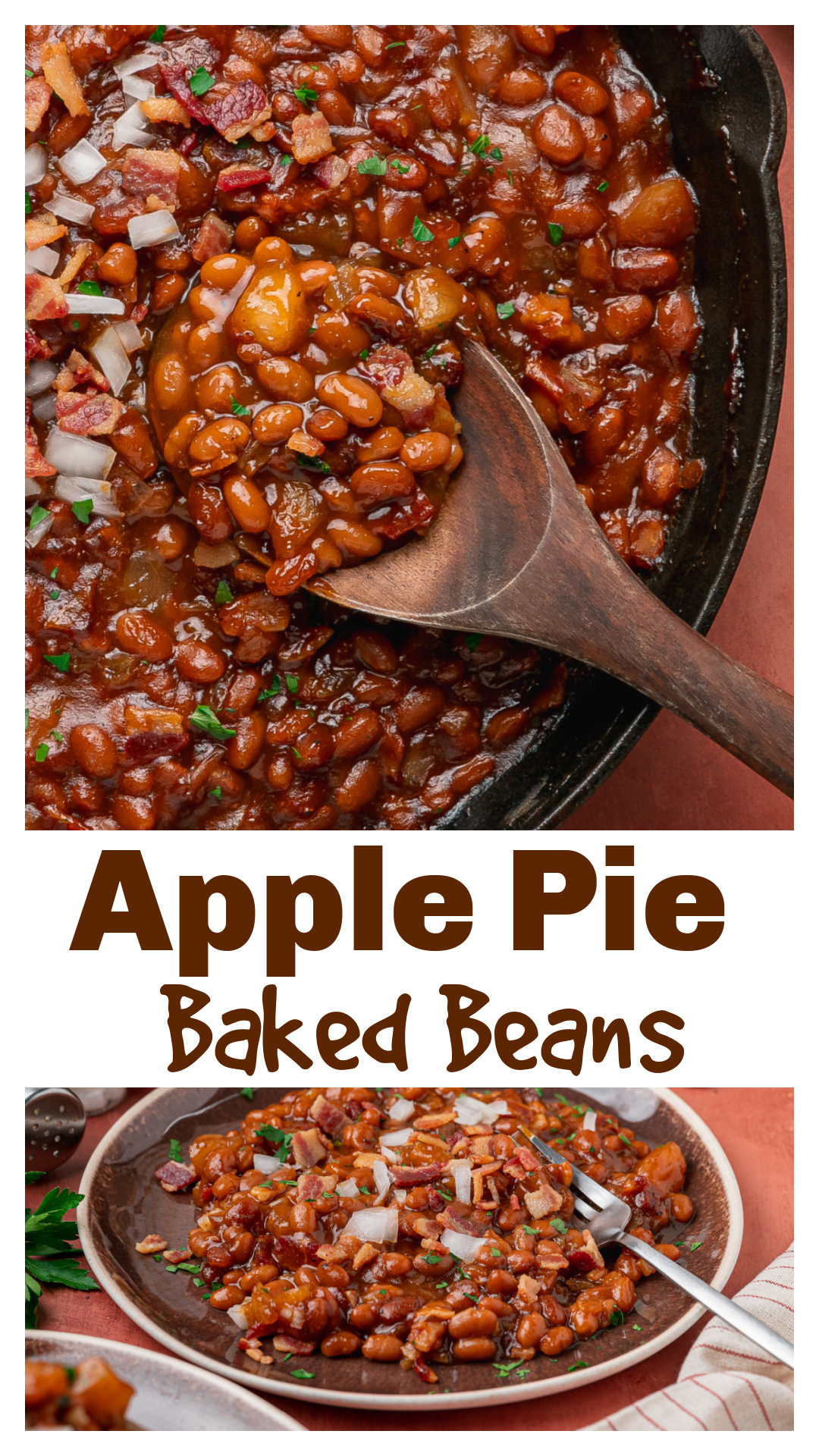 Apple Pie Baked Beans with bacon turn a full can of apple pie filling into a smoky barbecue side dish with plenty of tender apples throughout. Bacon, onion, barbecue sauce, yellow mustard, Worcestershire sauce and cider vinegar join the undrained baked beans before they bake uncovered until the sauce reduces and thickens. A final addition of cider vinegar keeps the sweetness in check. Save this baked beans recipe for cookouts, potlucks, BBQs and summer gatherings. via @cmpollak1