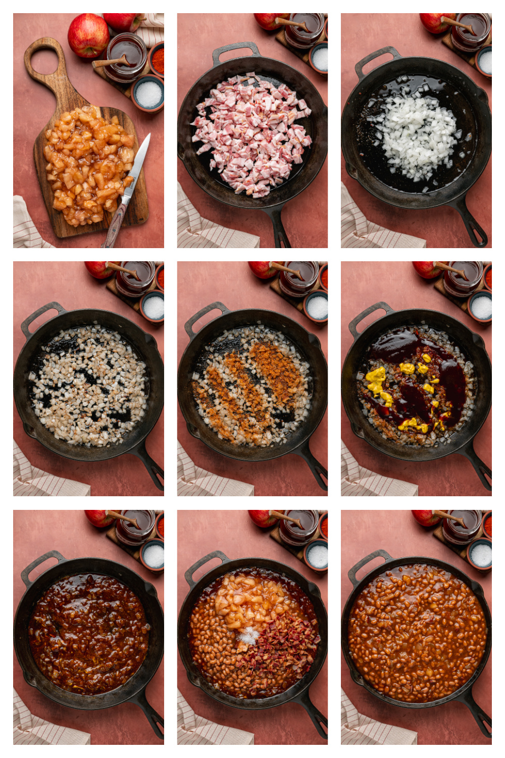 Steps for making apple pie baked beans in a cast-iron skillet
