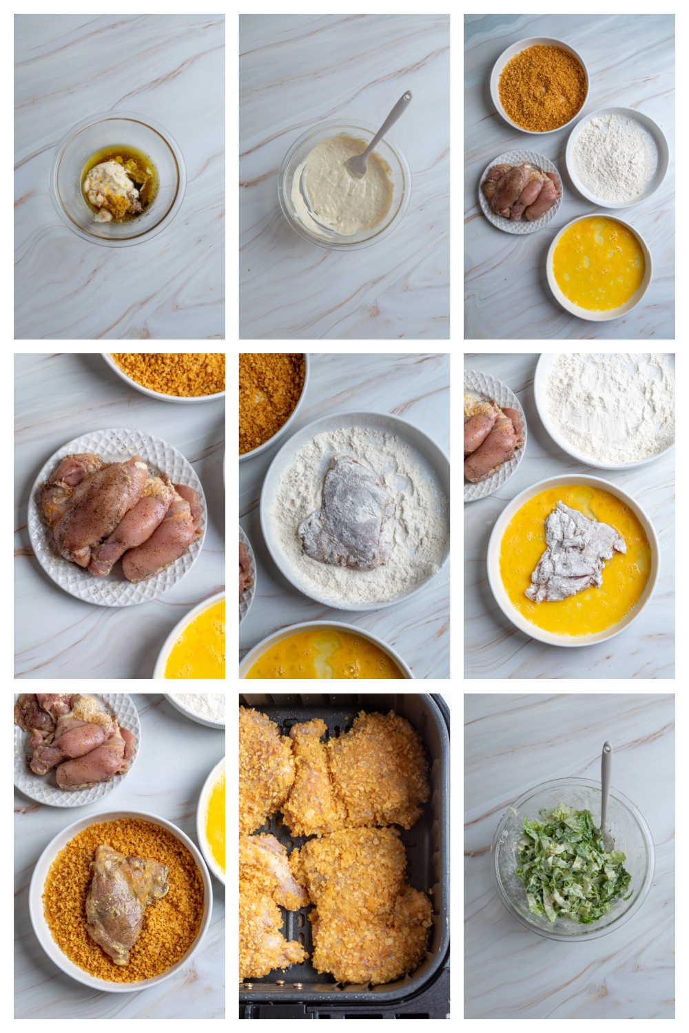 How to make a chicken Caesar salad sandwich Process collage showing how to make a chicken Caesar salad sandwich, from coating the chicken to air frying, making the Caesar dressing, and assembling the sandwich.