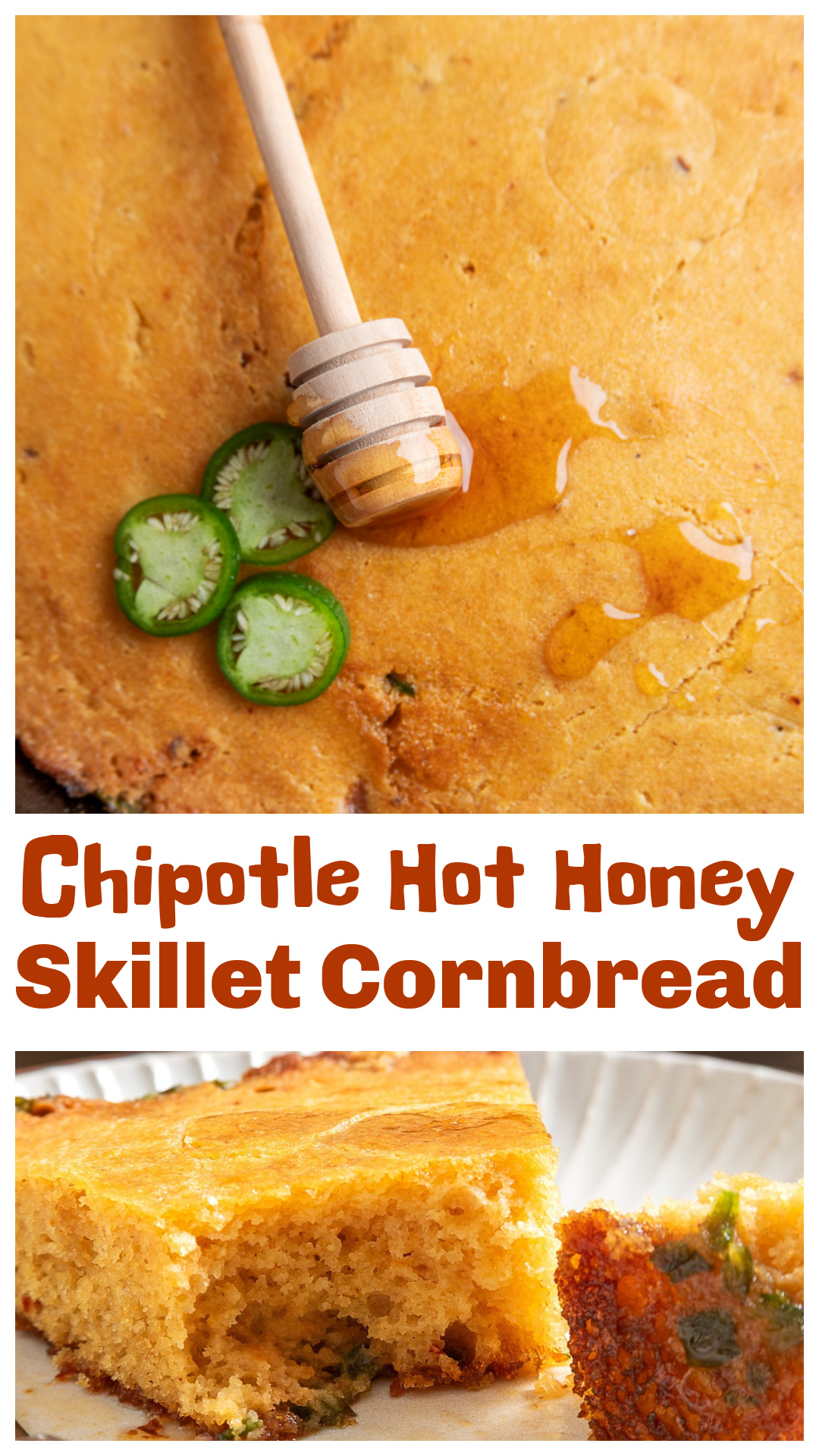 Chipotle hot honey skillet cornbread has smoky chipotle and adobo mixed into a tender buttermilk and sour cream batter. Fresh jalapeños and hot honey cook directly against a buttered, preheated cast-iron skillet, while another drizzle of hot honey is added after baking. The cornmeal-forward batter rests before baking for better hydration, and the cornbread is baked only until a toothpick comes out with a few moist crumbs. Serve with chili, barbecue, pulled pork, beans or smoked meats. via @cmpollak1