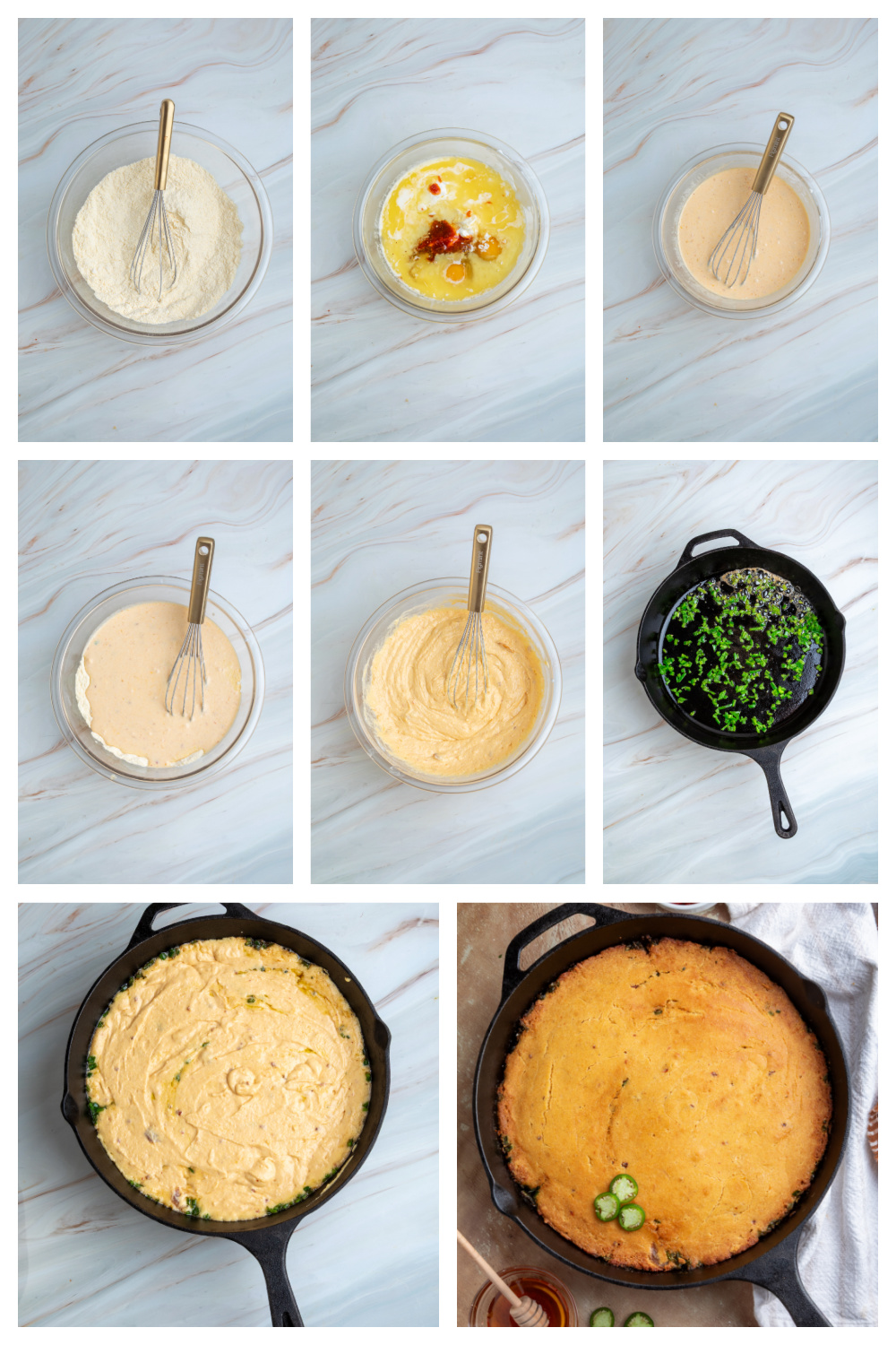 Making the cornbread batter and baking it with jalapeños and hot honey in cast iron Process for making chipotle hot honey skillet cornbread in a preheated cast-iron skillet