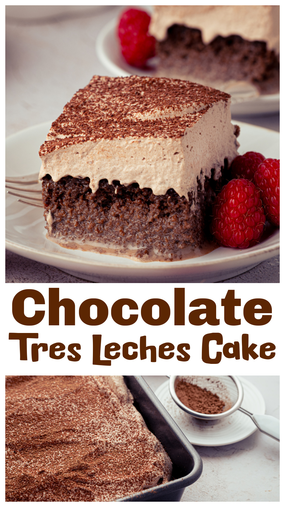 Chocolate Tres Leches Cake is soaked with sweetened condensed milk, evaporated milk, whole milk, and cocoa, then topped with chocolate whipped cream. The problem with chocolate tres leches is that three milks can water down the chocolate flavor, so I add cocoa to the soak and topping too. A little cinnamon in the cake makes the chocolate even better. Make it at least 4 hours ahead or refrigerate overnight before serving. via @cmpollak1