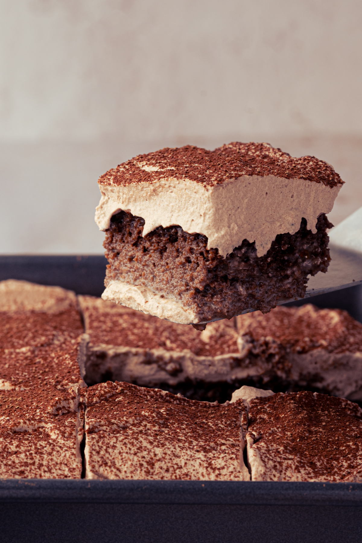 Milk-soaked chocolate cake topped with cocoa-dusted chocolate whipped cream. Chocolate cake soaked with three milks and cocoa being lifted from the pan beneath chocolate whipped cream.