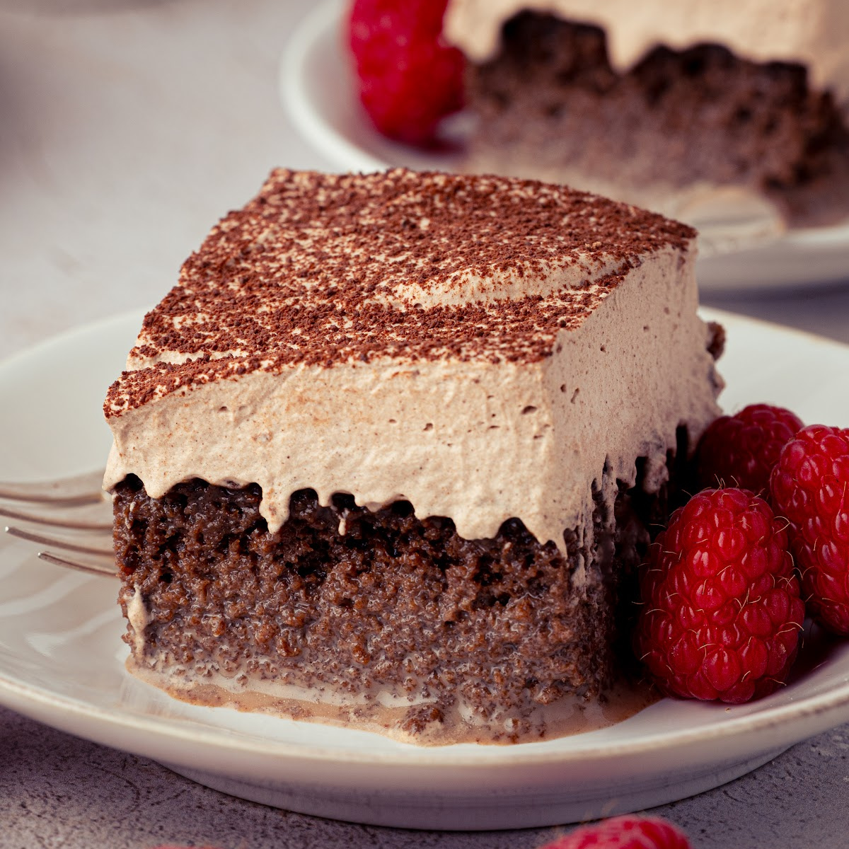 Chocolate tres leches cake topped with chocolate whipped cream and cocoa powder, served with fresh raspberries.