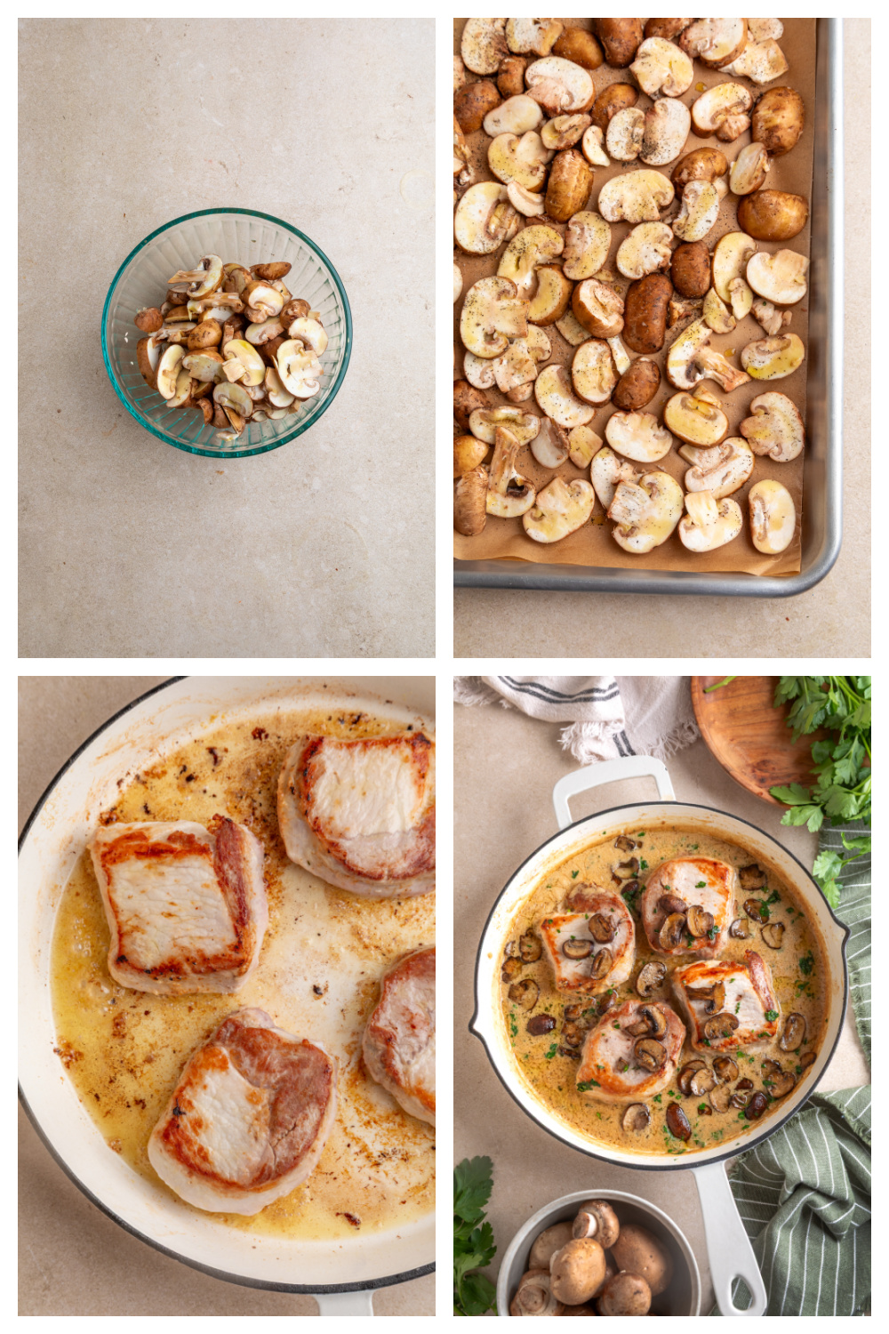 Roasting the mushrooms, searing the pork chops and preparing the fresh sage cream sauce. Process steps for creamy mushroom pork chops showing roasted mushrooms, seared pork chops and sage cream sauce