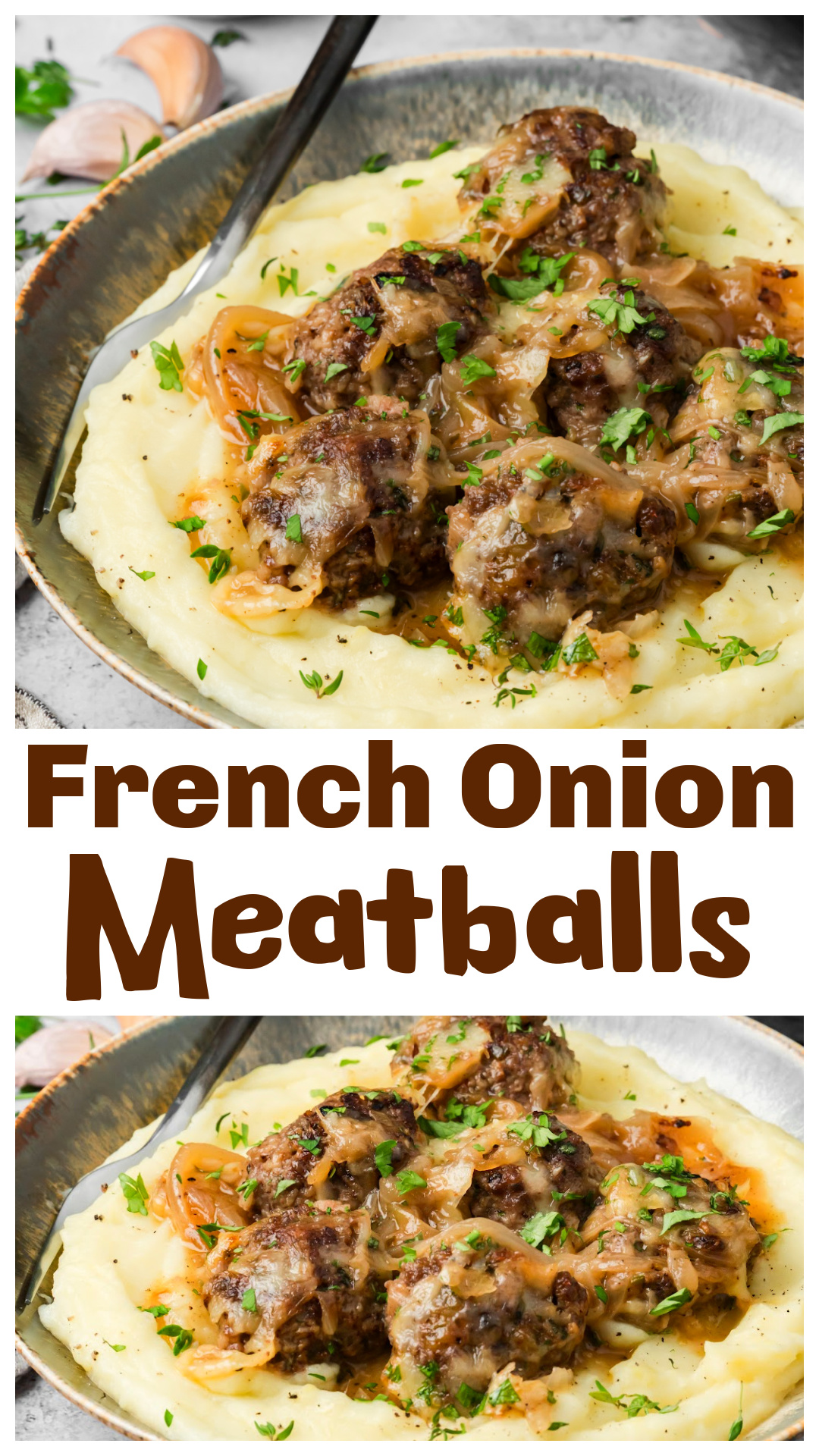 French onion meatballs turn everything you love about French onion soup into a hearty dinner. Seasoned beef meatballs are browned in a skillet, then paired with 2 pounds of onions caramelized until golden. White wine, beef broth, Worcestershire, thyme and a touch of balsamic create the sauce before freshly shredded Gruyère is broiled over the top. Serve these French onion meatballs over mashed potatoes, egg noodles or with crusty bread. via @cmpollak1