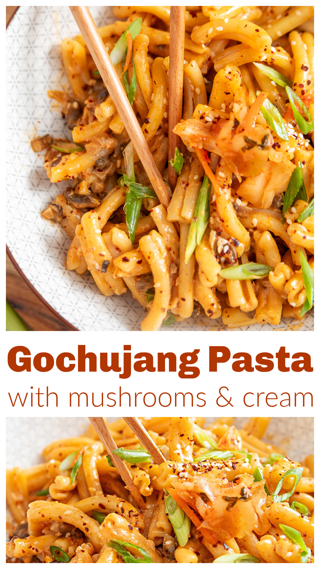 Gochujang Pasta with browned mushrooms, garlic and ginger in a creamy gochujang sauce finished with butter and pasta water. Gochujang and gochugaru add two different kinds of chile flavor, while soy sauce and toasted sesame oil add savory, nutty notes. Short pasta catches the sauce and diced mushrooms, and optional kimchi adds acidity and crunch at serving. This creamy gochujang pasta is ready in about 25 minutes and can easily be adapted with gluten-free pasta and tamari. via @cmpollak1