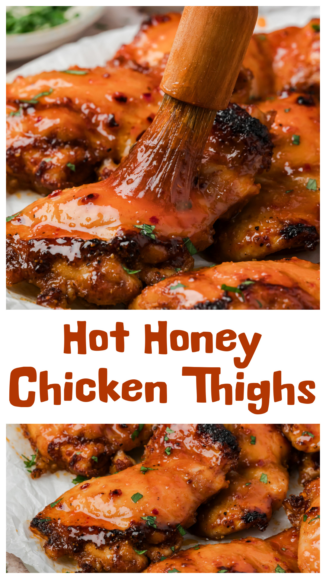 These hot honey chicken thighs are one of my favorite chicken dinners to batch cook for the week. Boneless skinless chicken thighs are roasted until tender, then brushed with a homemade hot honey glaze made with honey, hot sauce, butter, apple cider vinegar, garlic, and red pepper flakes. A quick trip under the broiler caramelizes the glaze before one final brush just before serving. Easy enough for a weeknight and just as good for leftovers. via @cmpollak1