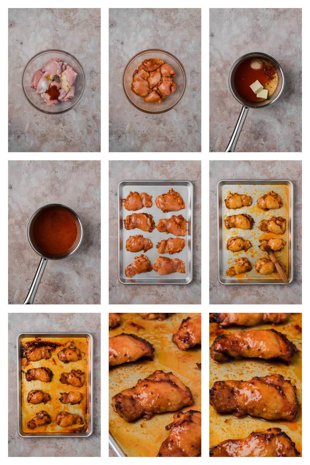 Process collage showing how to make hot honey chicken thighs, from seasoning the chicken to brushing on the homemade hot honey glaze.