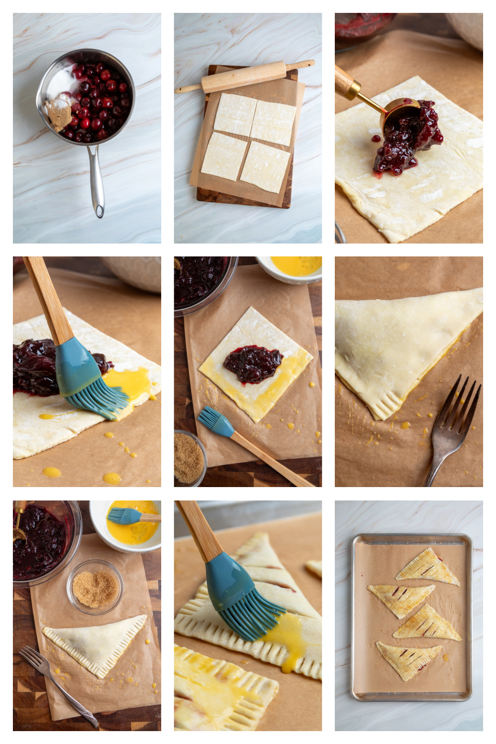 Step-by-step process for making cherry turnovers with homemade cherry filling How to make cherry turnovers with dark cherry filling and puff pastry