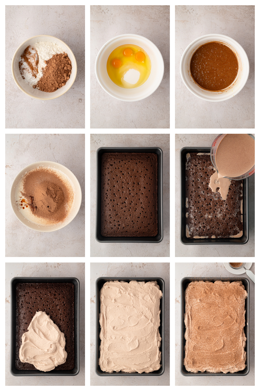 How to make chocolate tres leches cake with a chocolate three-milk soak. Step-by-step process for making chocolate tres leches cake, from mixing the chocolate batter to adding the milk soak and whipped cream.