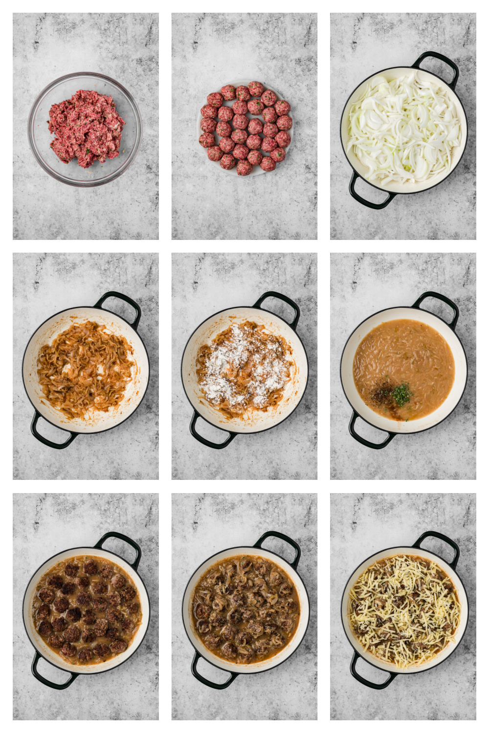 Process for browning beef meatballs, caramelizing onions, making the sauce and finishing with Gruyère. Steps for making French onion meatballs from browning the meatballs and caramelizing onions to adding sauce and Gruyère