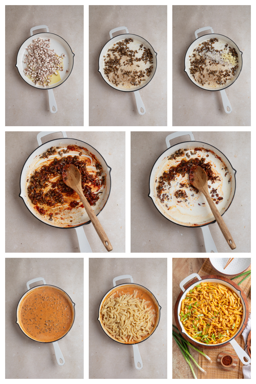 How to make creamy gochujang pasta from browned mushrooms through the final pasta toss Step-by-step process for making gochujang pasta with mushrooms and creamy gochujang sauce