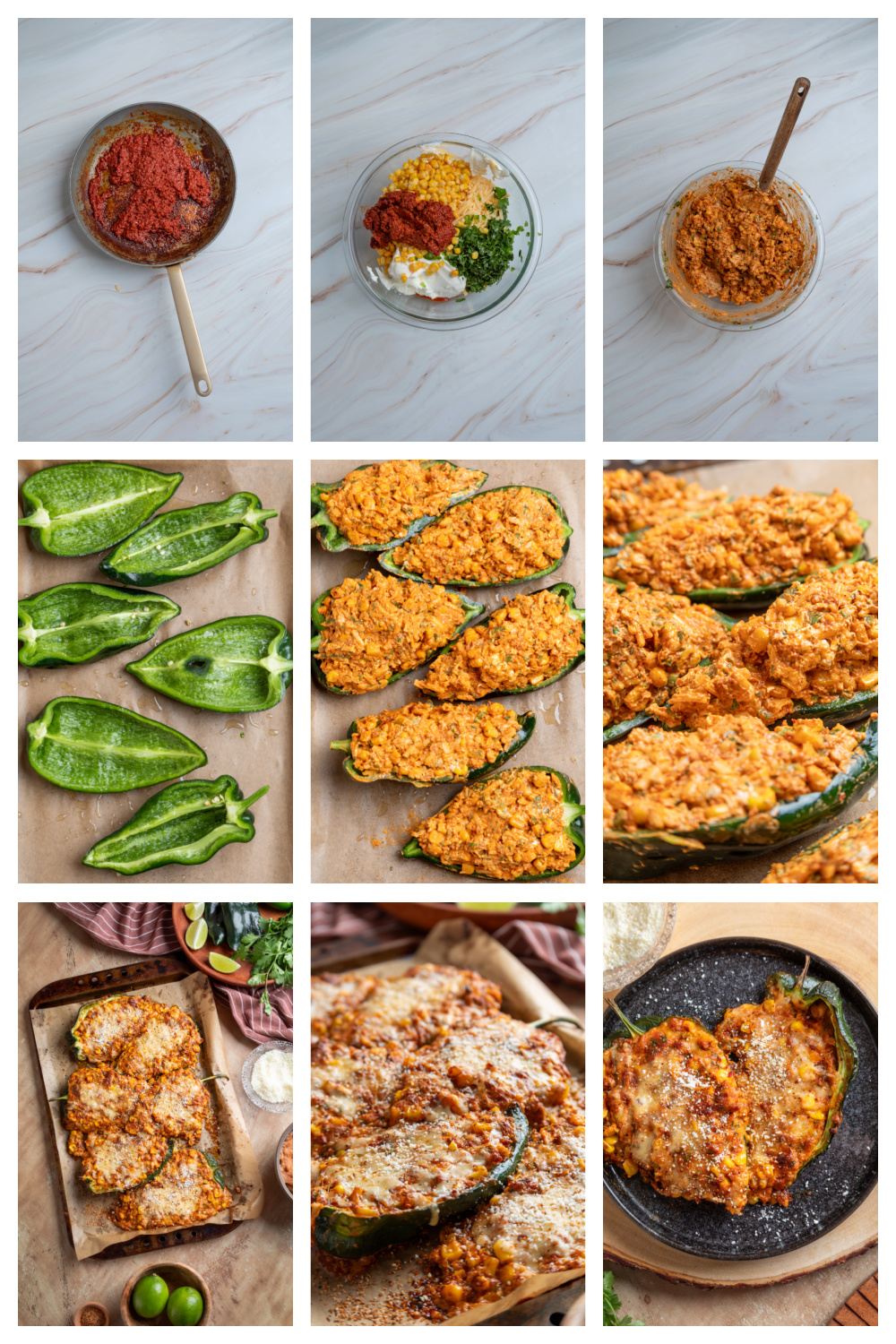Steps for making Mexican street corn stuffed poblano peppers with chorizo, corn and cheese