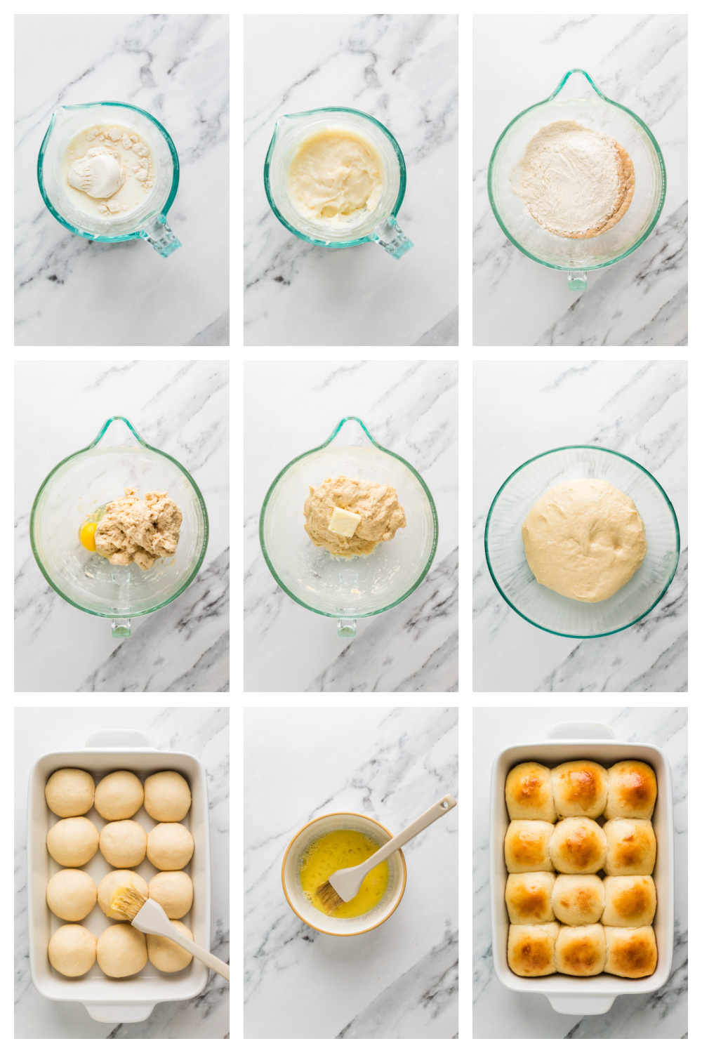 Step-by-step process for making milk bread rolls with tangzhong, mixing and kneading the dough, shaping the rolls and preparing them to bake.