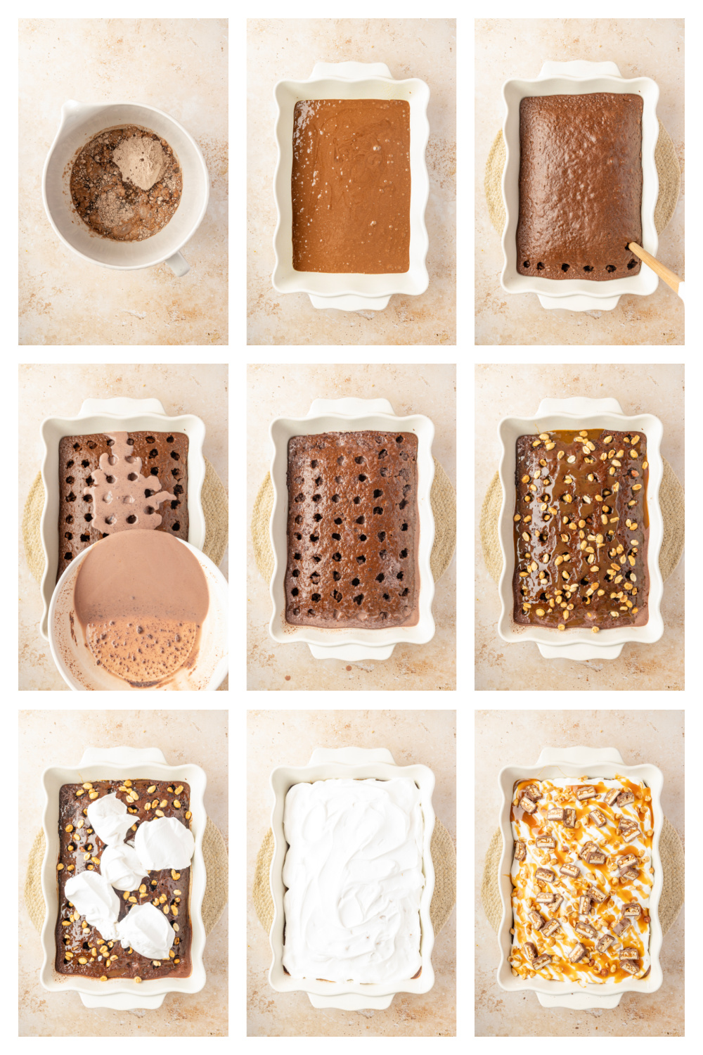 How to make chocolate poke cake with pudding filling, caramel and roasted salted peanuts before adding the Snickers topping Steps for making Snickers poke cake by poking the chocolate cake, adding pudding, caramel and peanuts, then chilling