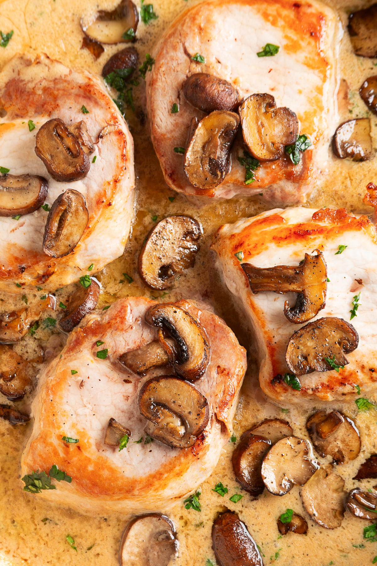Browned pork chops surrounded by roasted baby portobello mushrooms and fresh sage cream sauce. Boneless pork chops with browned roasted mushrooms in a fresh sage cream sauce