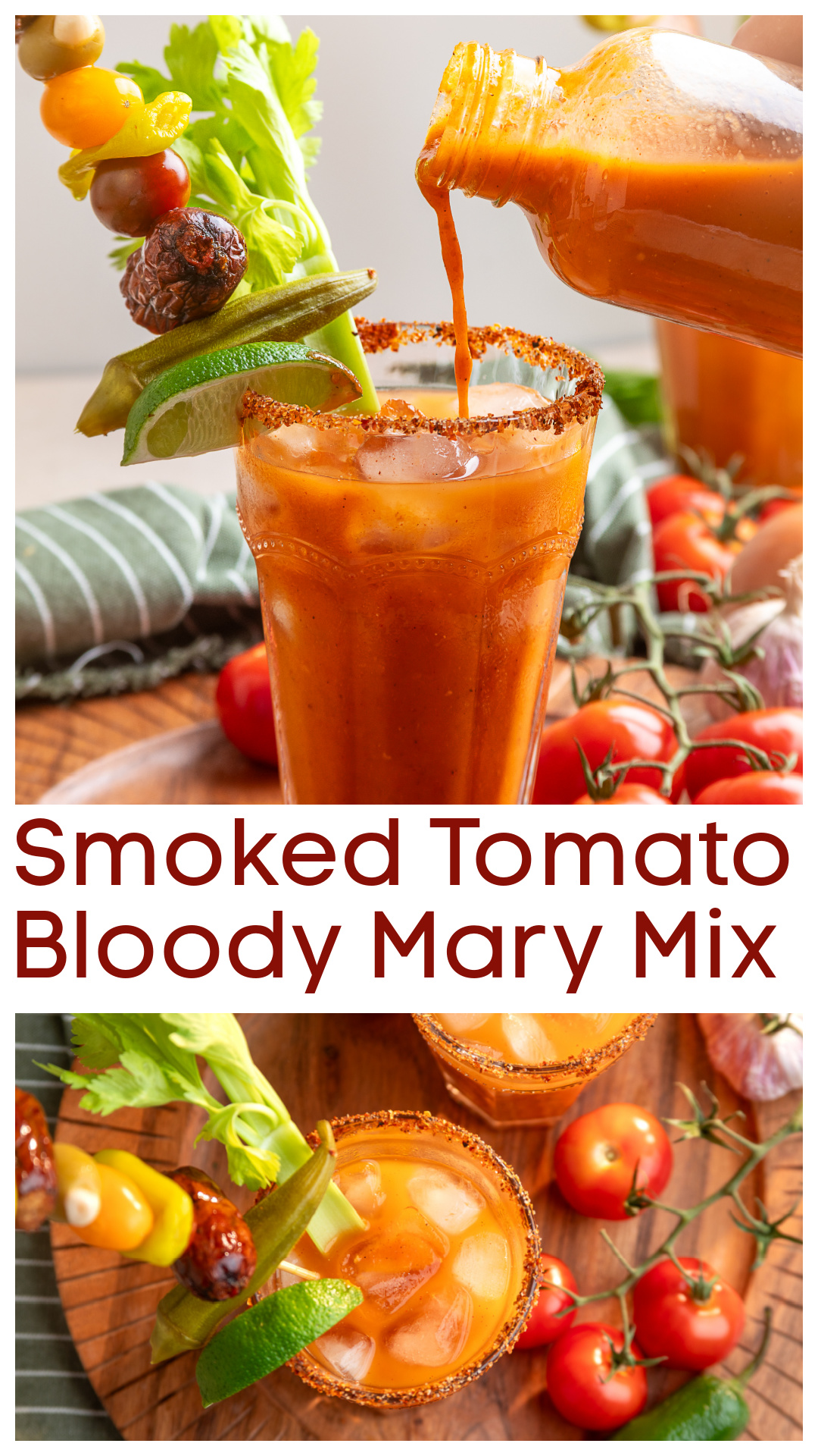 This smoked tomato Bloody Mary mix starts with Roma tomatoes, onion, garlic and jalapeño cooked on the smoker before being blended with beef consommé, Worcestershire, horseradish, pickle juice and spices. The homemade Bloody Mary mix can be made ahead for football parties, game day brunch or weekend entertaining, then poured over ice with vodka or gin. Add a Tajín rim, celery, pickled okra, smoked sausage, lime and your favorite Bloody Mary garnishes. via @cmpollak1