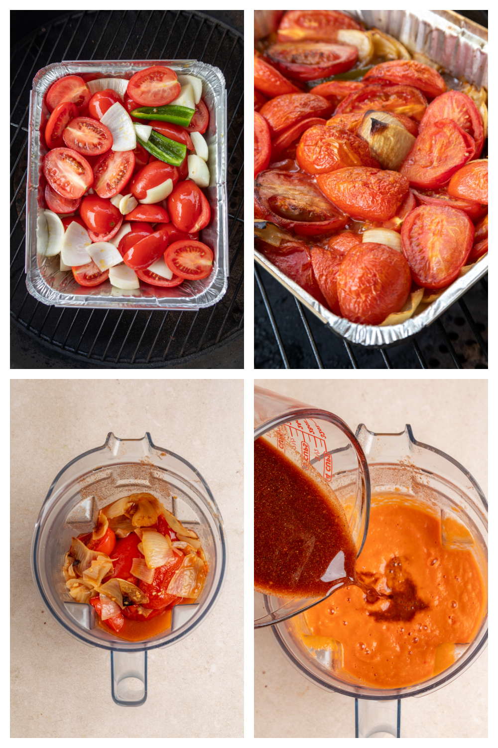 How the smoked vegetables are prepared and blended into homemade Bloody Mary mix Process for making smoked tomato Bloody Mary mix from smoking the vegetables through blending and seasoning the mix
