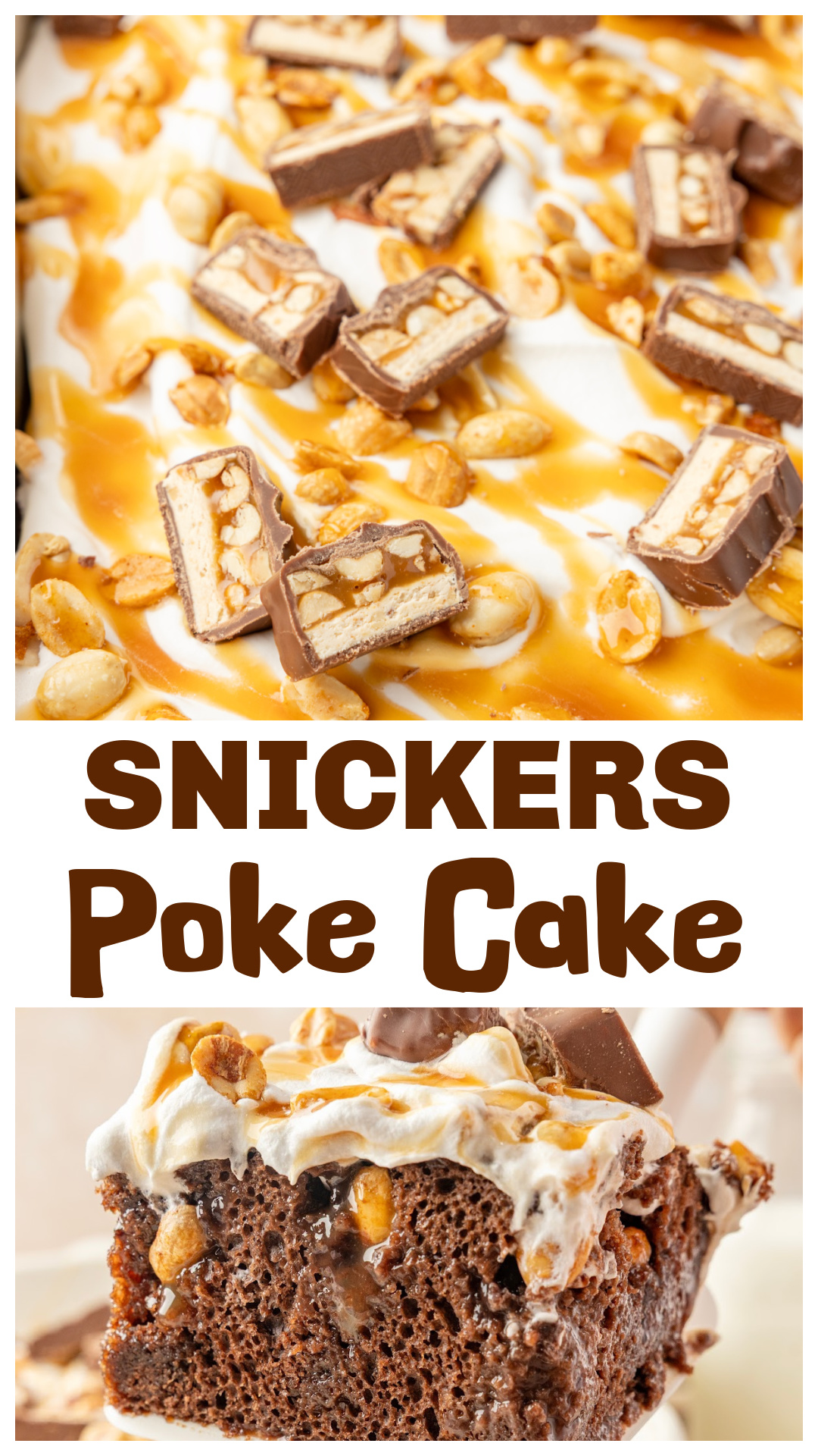 This Snickers Poke Cake makes sure the chocolate, caramel and peanut flavor goes beyond the candy bars on top. Chocolate cake is poked while hot and filled with chocolate pudding, followed by caramel and roasted salted peanuts before chilling. Whipped topping, more caramel, peanuts and chopped Snickers finish it off. It’s an easy 9 x 13 dessert and my kind of weeknight birthday cake when party time happens to be Tuesday. via @cmpollak1