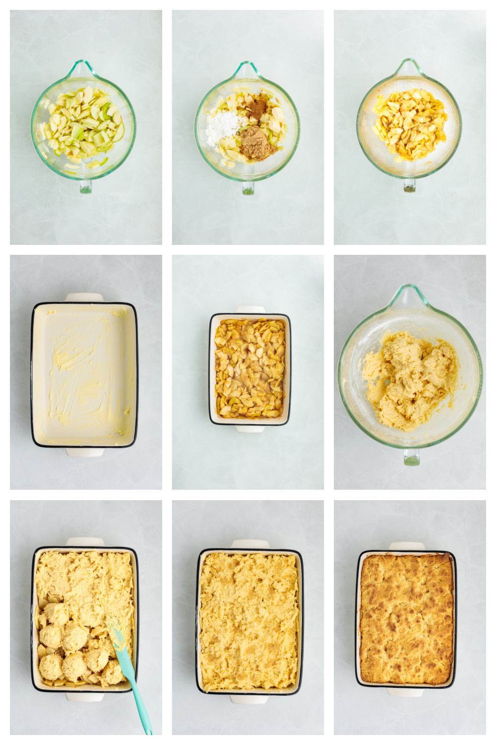 Step-by-step process for making apple cake cobbler with Granny Smith apple filling and butter cake topping. Step-by-step process for making apple cake cobbler with Granny Smith apple filling and butter cake topping.