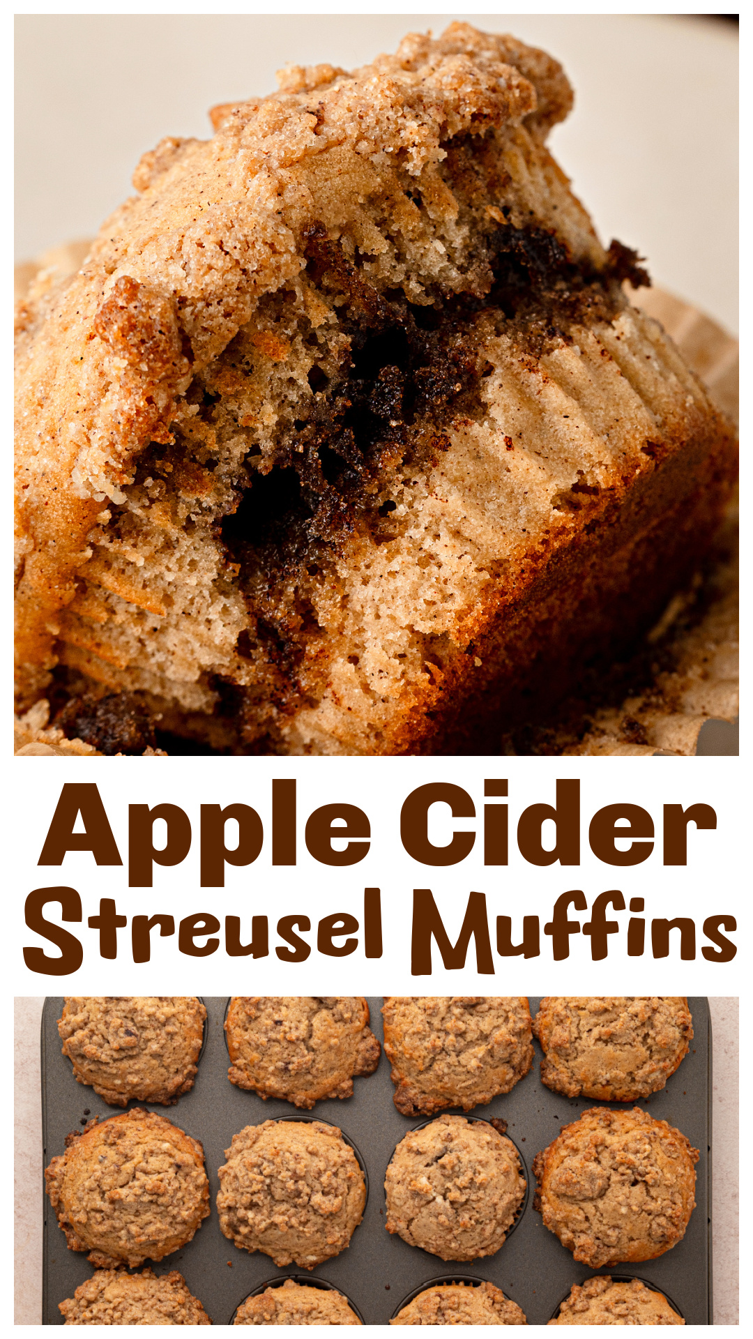 Apple Cider Streusel Muffins start with fresh apple cider reduced for concentrated apple flavor without adding too much liquid to the batter. Cinnamon, freshly grated nutmeg, allspice and cloves give the muffins their cider-doughnut spices, while a brown sugar cinnamon ribbon sits inside. Each muffin is covered with buttery cinnamon streusel before baking. Save this apple cider muffin recipe for fall baking, brunch, breakfast or an afternoon with fresh cider. via @cmpollak1