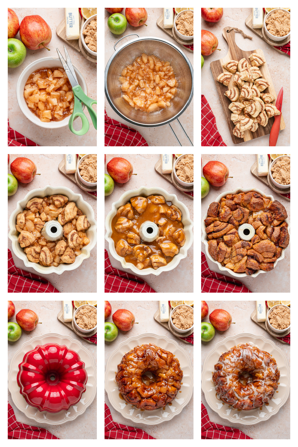 Steps for making apple pie cinnamon roll monkey bread with cinnamon-sugar-coated dough, apple pie filling and brown sugar sauce.