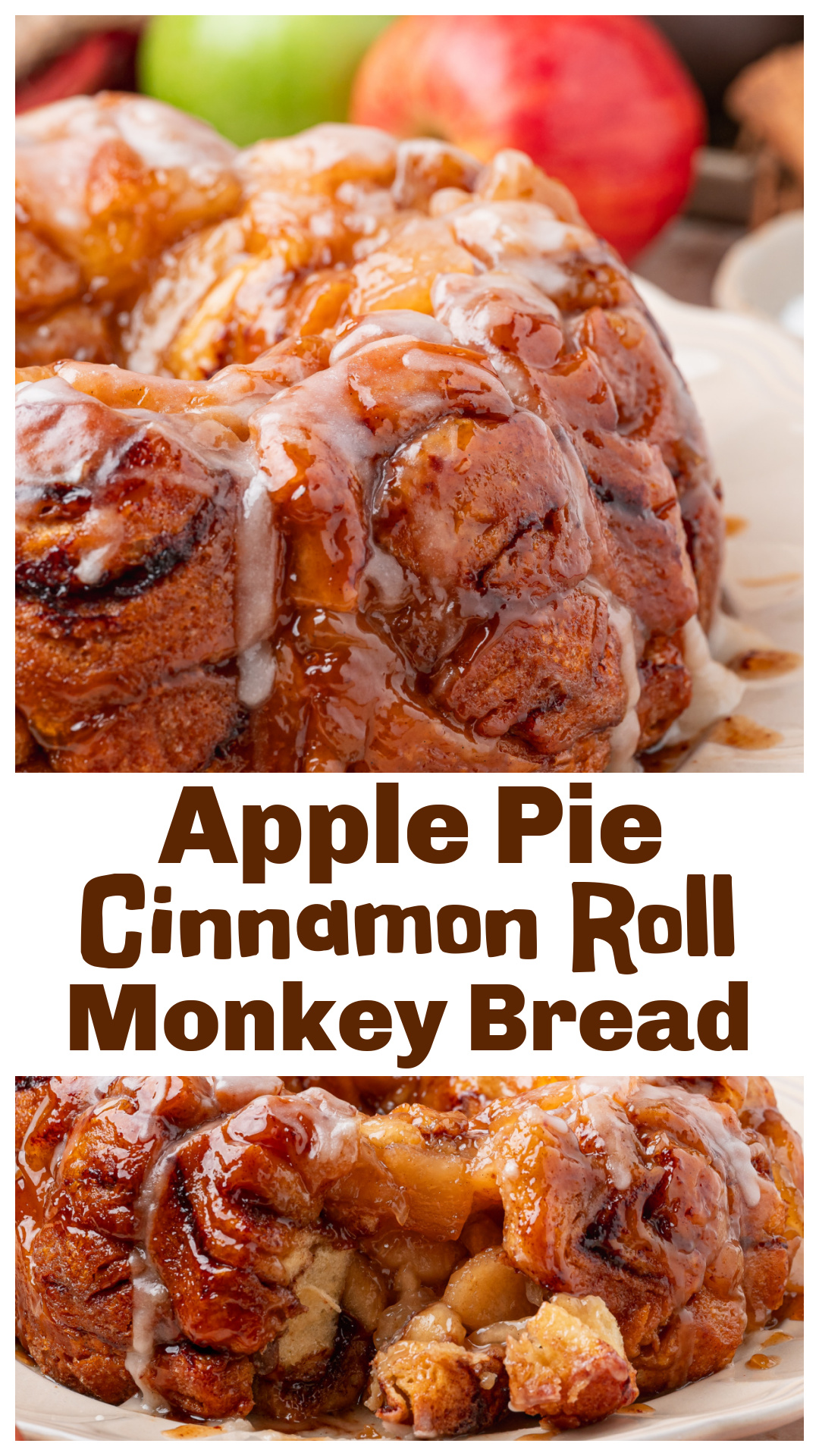 Apple Pie Cinnamon Roll Monkey Bread is made with cinnamon-sugar-coated refrigerated cinnamon rolls, apple pie filling and a buttery dark brown sugar sauce baked in a Bundt pan until caramelized. The apple filling is drained to help prevent a gummy center, while an instant-read thermometer takes the guesswork out of doneness. Both containers of cinnamon roll icing are poured over the top while it&rsquo;s still warm. Serve it for breakfast, brunch or dessert. via @cmpollak1