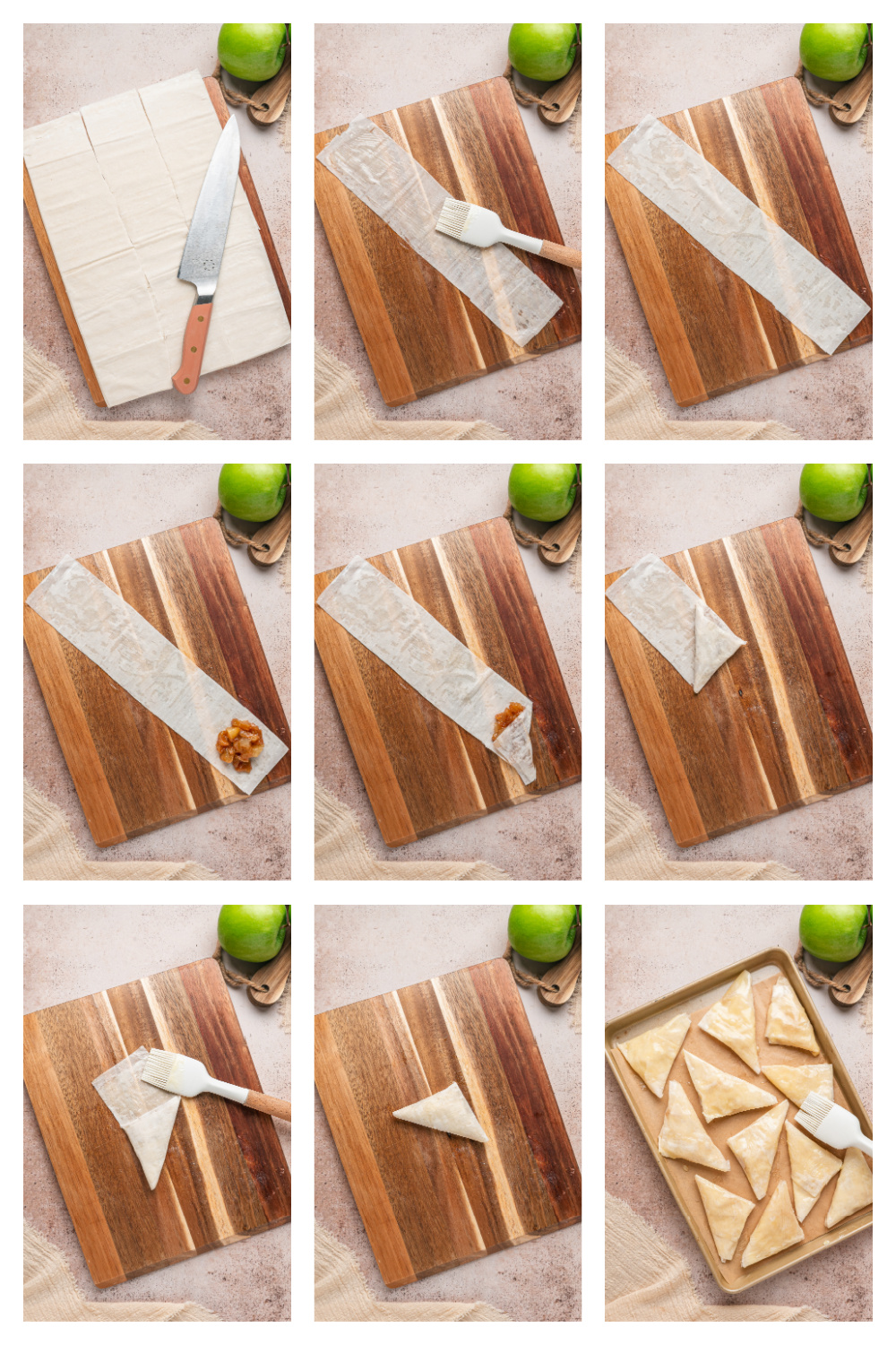 How to Fold Apple Pie Samosas Step-by-step process for filling and folding phyllo dough into triangular apple pie samosas.
