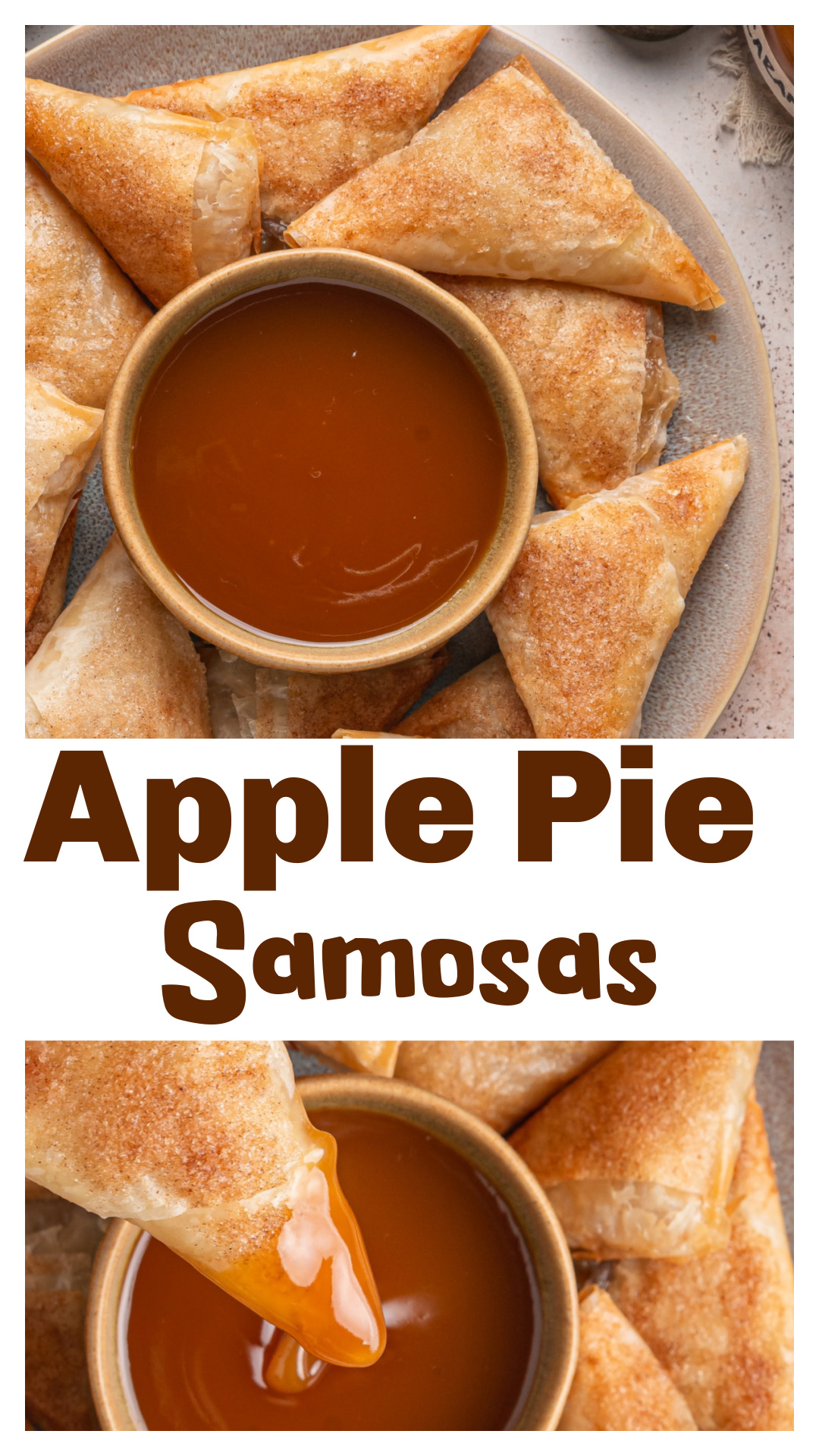 Apple Pie Samosas are filled with warm spiced Granny Smith apples, wrapped in buttery phyllo dough and baked with cinnamon sugar until crisp and golden. The homemade apple pie filling stays inside all those flaky phyllo folds, while warm caramel sauce and vanilla ice cream turn them into a fall dessert made for serving warm. Save these baked apple samosas for apple season, Thanksgiving dessert, fall parties or anytime you want apple pie without making a traditional pie. via @cmpollak1