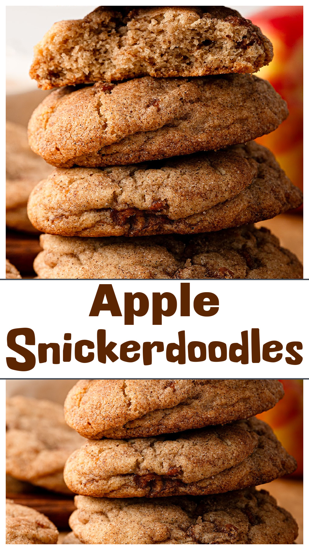 These Apple Snickerdoodles are thick, soft and chewy, with buttery cinnamon-spiced Honeycrisp apples folded through the dough and lots of cinnamon sugar on the outside. The apples are cooked first to concentrate their flavor and remove excess moisture, so you can use plenty of real apple without turning the cookies cakey. Cream of tartar keeps the familiar snickerdoodle tang, while an extra egg yolk helps give the cookies their soft, chewy texture. via @cmpollak1