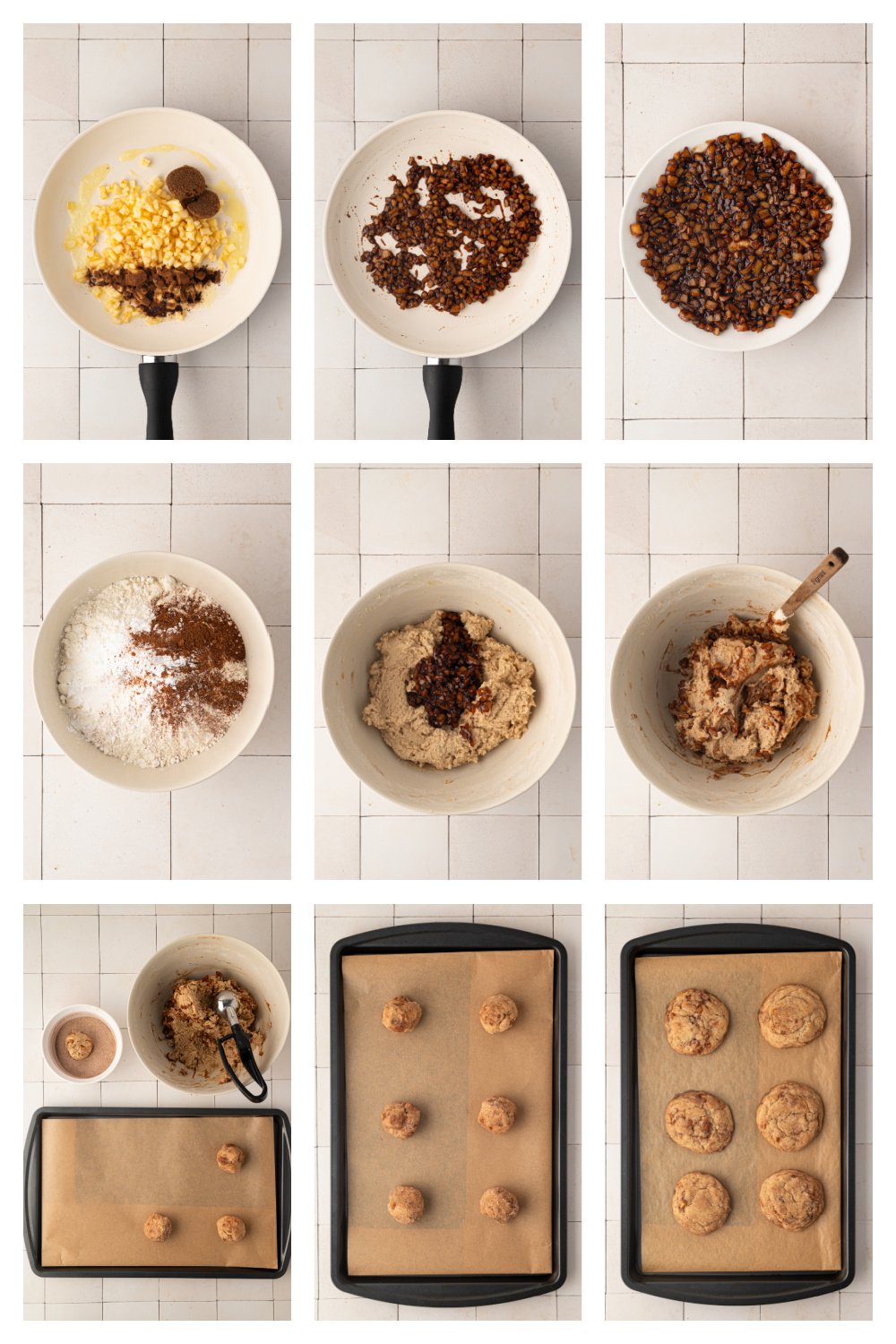 Process for making apple snickerdoodles with cooked apples, cookie dough and cinnamon sugar