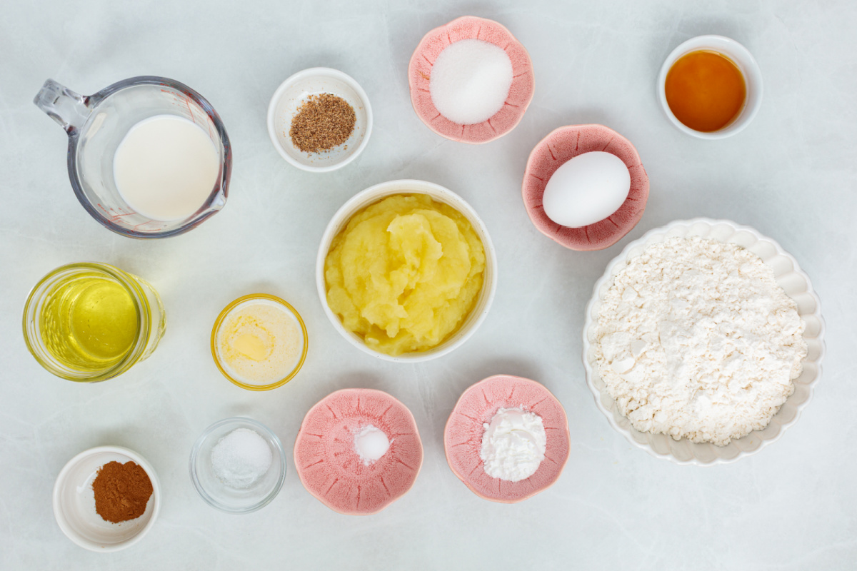 Ingredients for homemade cinnamon sugar applesauce fritters Ingredients for applesauce fritters including applesauce, flour, egg, milk, butter, vanilla and spices