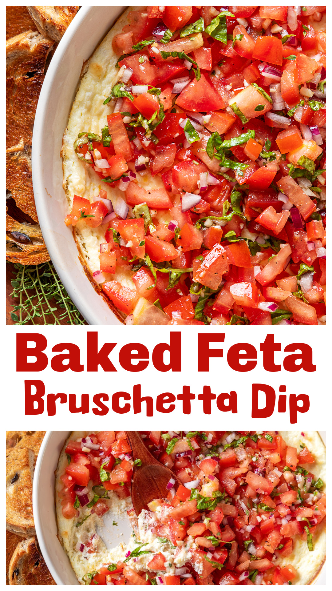 Baked feta bruschetta dip has warm, creamy feta and cream cheese underneath a fresh tomato bruschetta with basil, thyme, red onion, garlic and lemon. The feta dip bakes first, so the tomatoes and herbs stay fresh when they’re spooned over the top. Serve this warm party appetizer with toasted baguette, crostini, pita chips or crackers for Labor Day, game day, holidays or anytime friends are coming over. via @cmpollak1